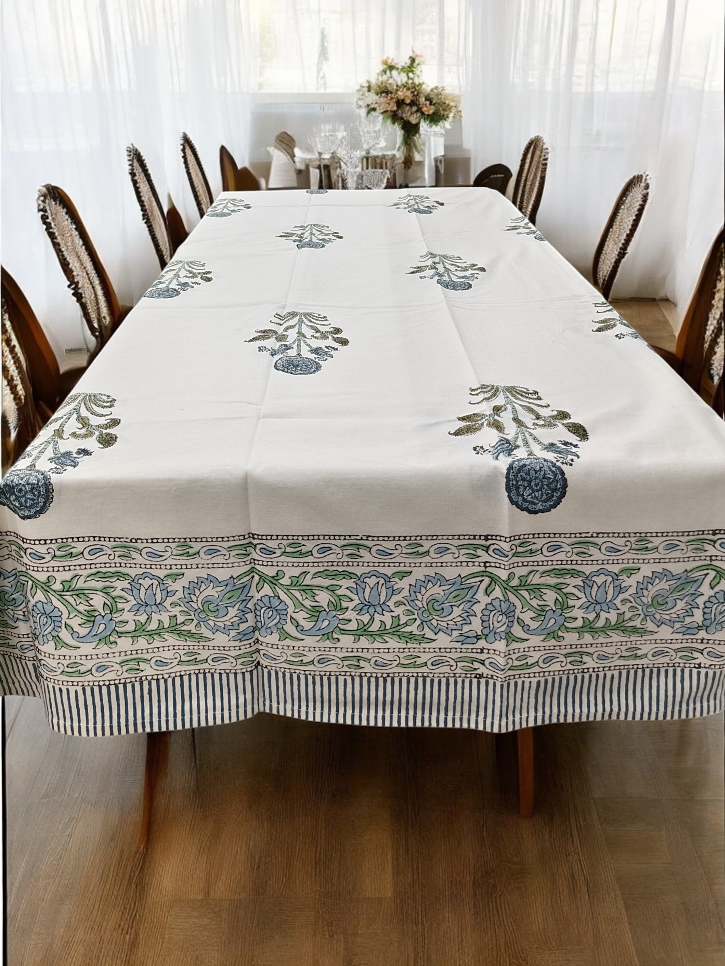 Mango Gifts Hand Block Printed 100% Rectangular Pure Cotton Tablecloth | Floral & Striped Design, Washable Dining Table Cover, 60x90 Inches