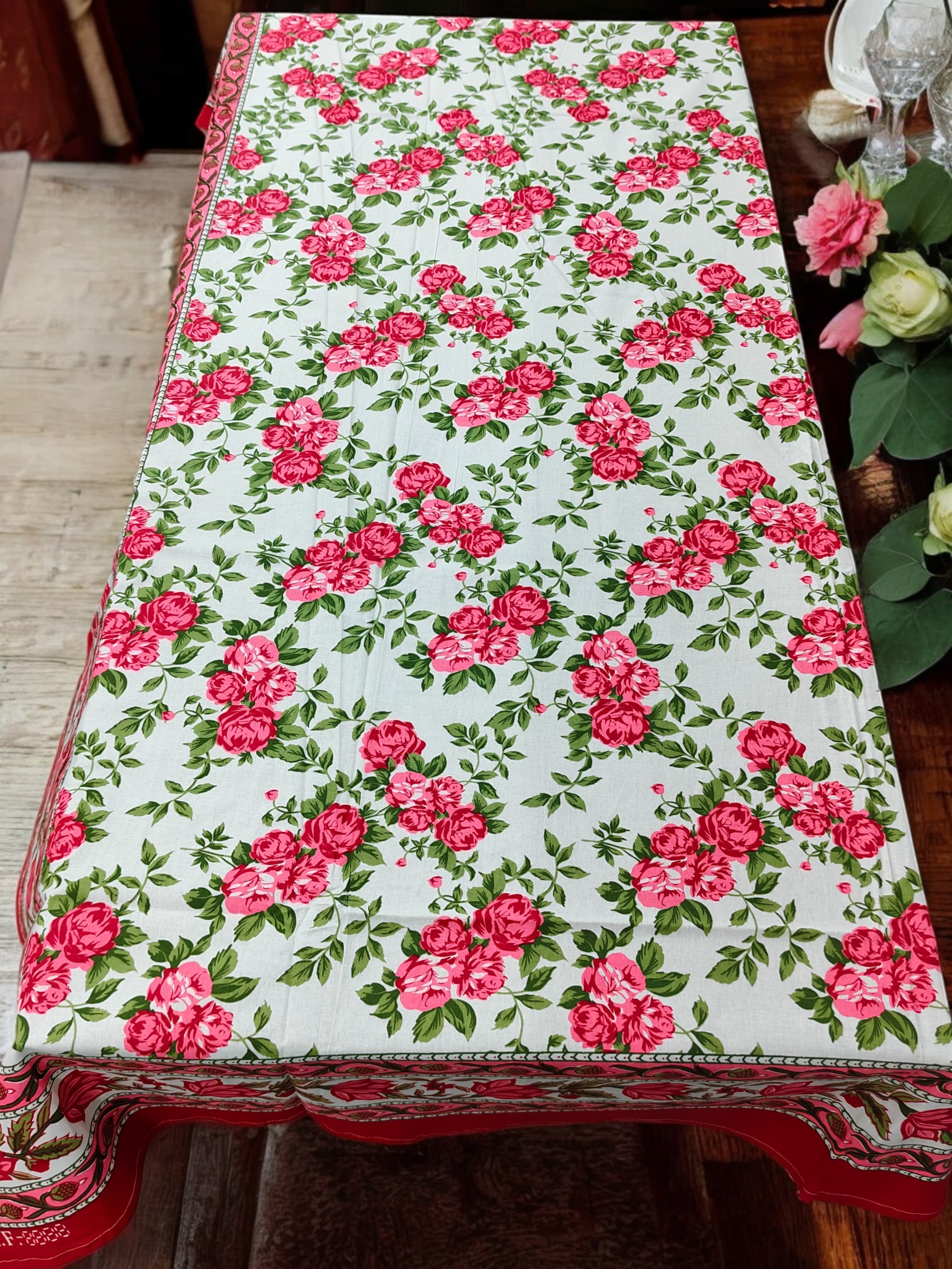 Mango Gifts Hand Block Printed 100% Rectangular Pure Cotton Tablecloth | Floral & Striped Design, Washable Dining Table Cover, 60x90 Inches