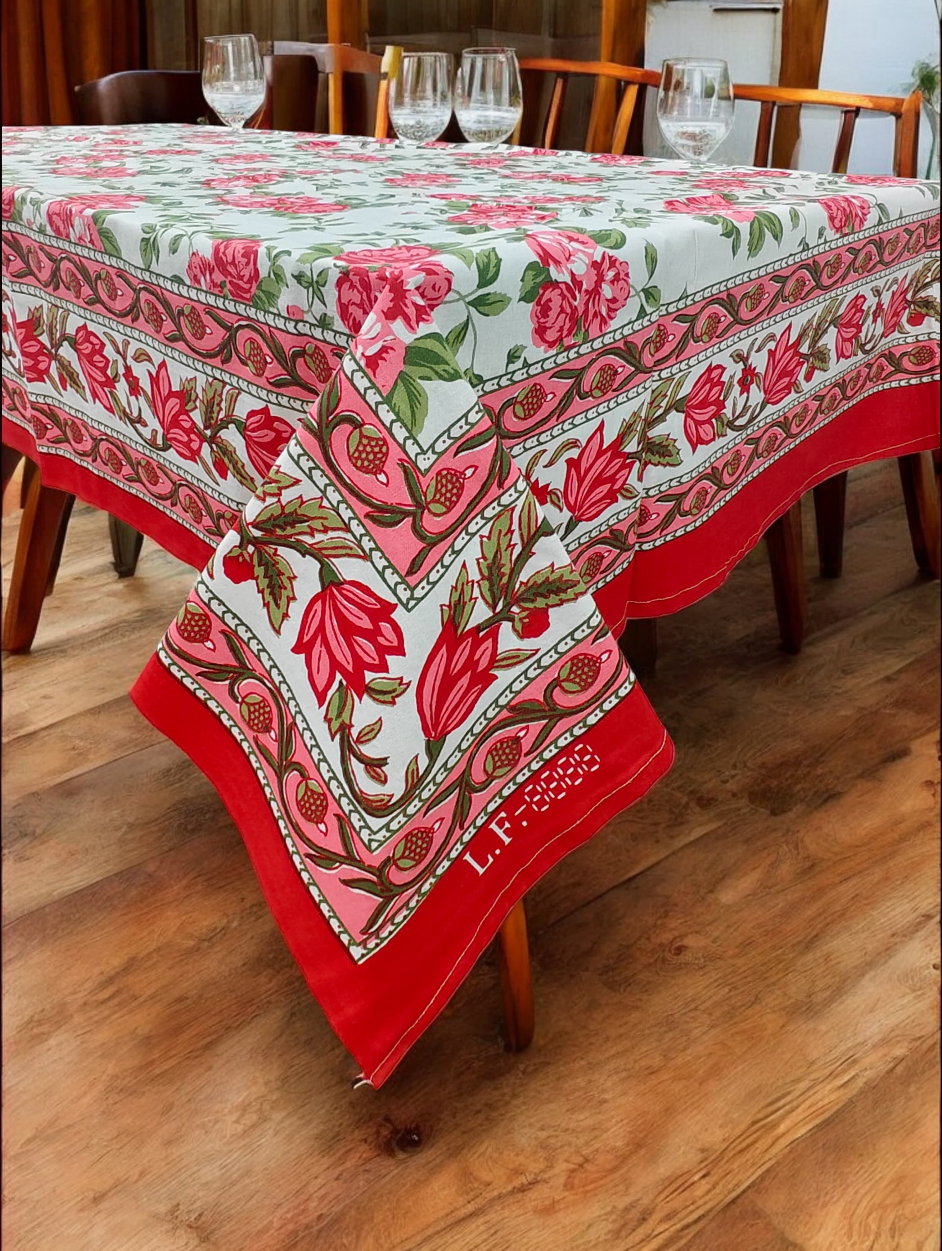 Mango Gifts Hand Block Printed 100% Rectangular Pure Cotton Tablecloth | Floral & Striped Design, Washable Dining Table Cover, 60x90 Inches
