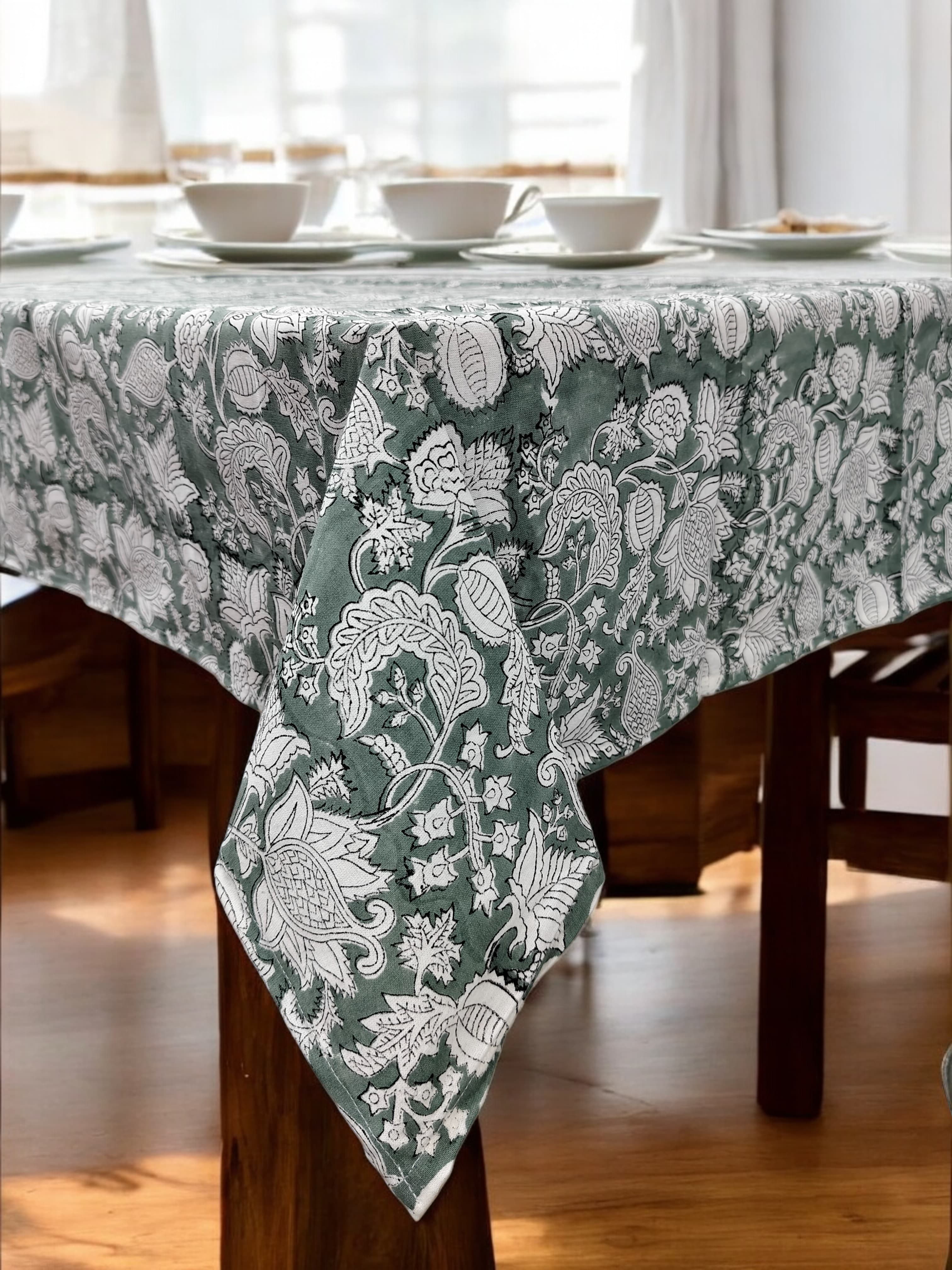 Mango Gifts Hand Block Printed 100% Rectangular Pure Cotton Tablecloth | Floral & Striped Design, Washable Dining Table Cover, 60x90 Inches