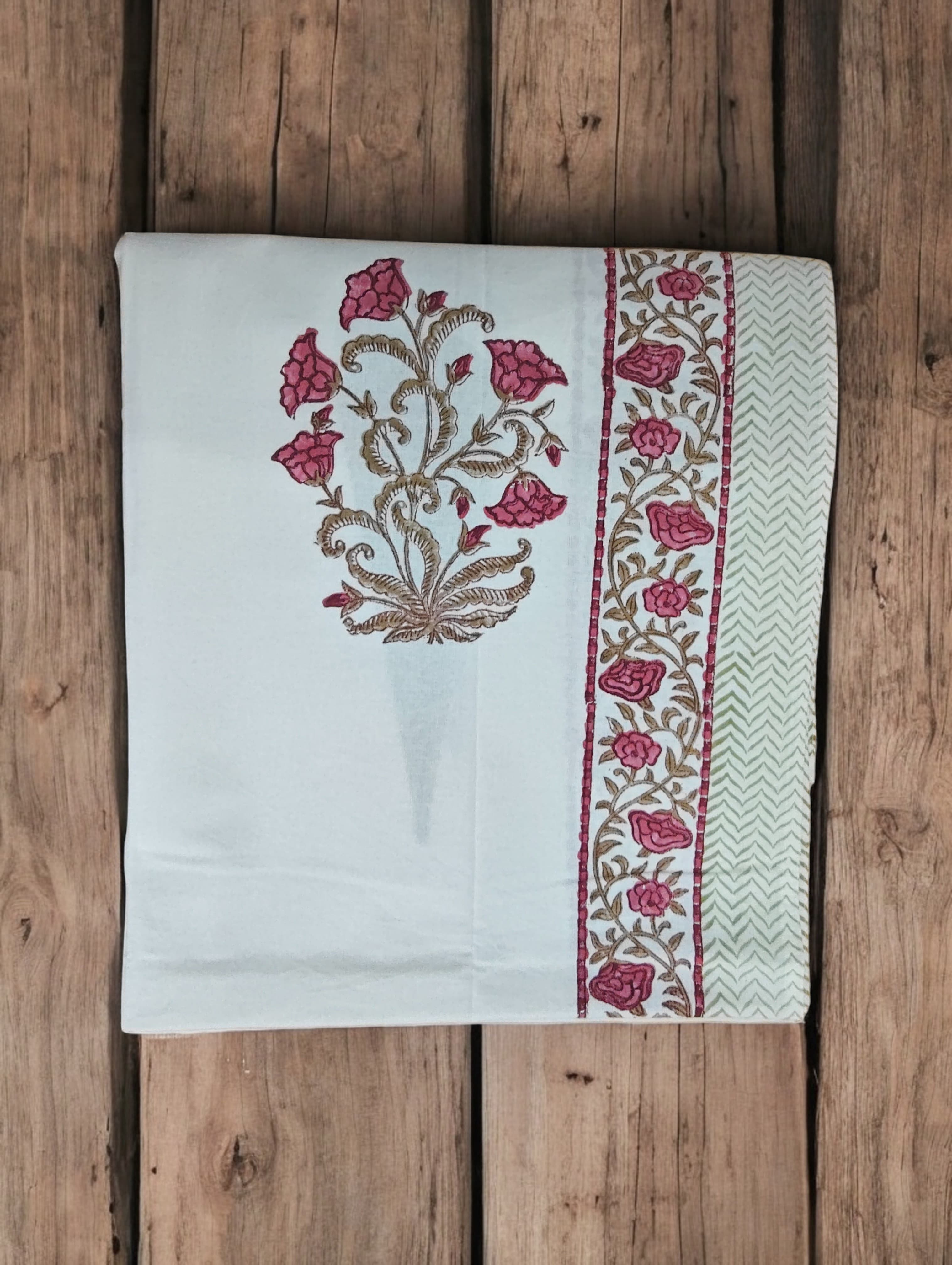 Mango Gifts Hand Block Printed 100% Rectangular Pure Cotton Tablecloth | Floral & Striped Design, Washable Dining Table Cover, 60x90 Inches