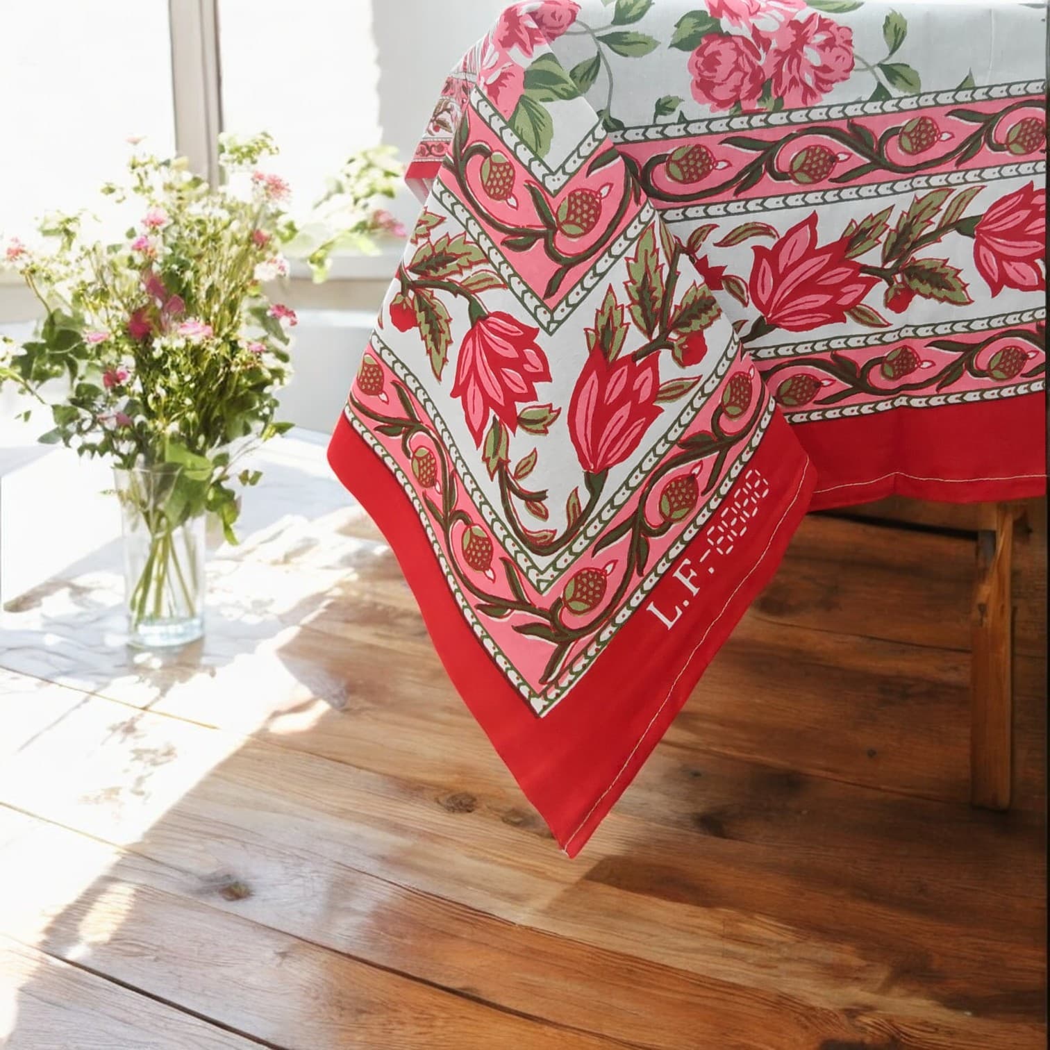 Mango Gifts Hand Block Printed 100% Rectangular Pure Cotton Tablecloth | Floral & Striped Design, Washable Dining Table Cover, 60x90 Inches