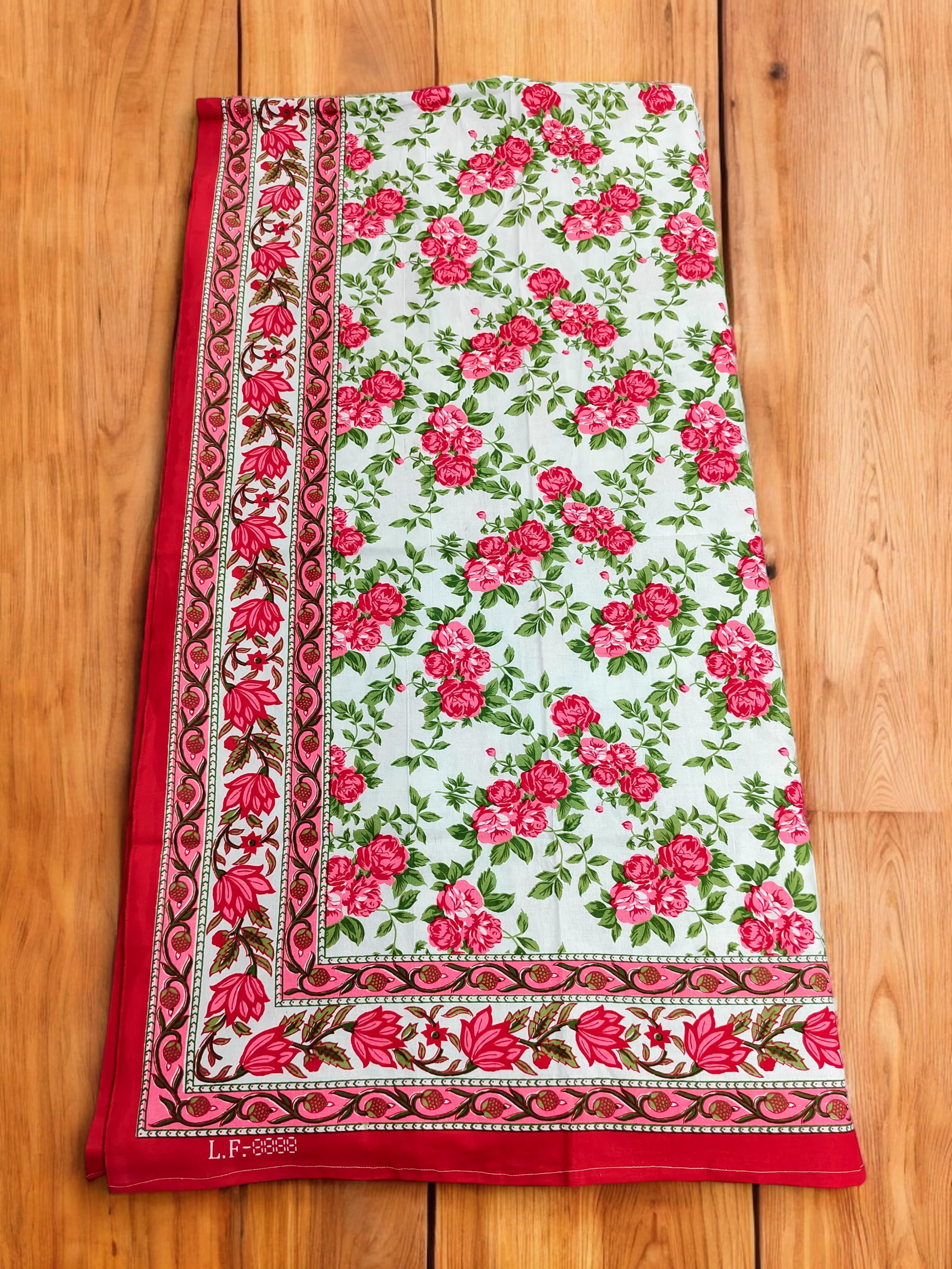 Mango Gifts Hand Block Printed 100% Rectangular Pure Cotton Tablecloth | Floral & Striped Design, Washable Dining Table Cover, 60x90 Inches