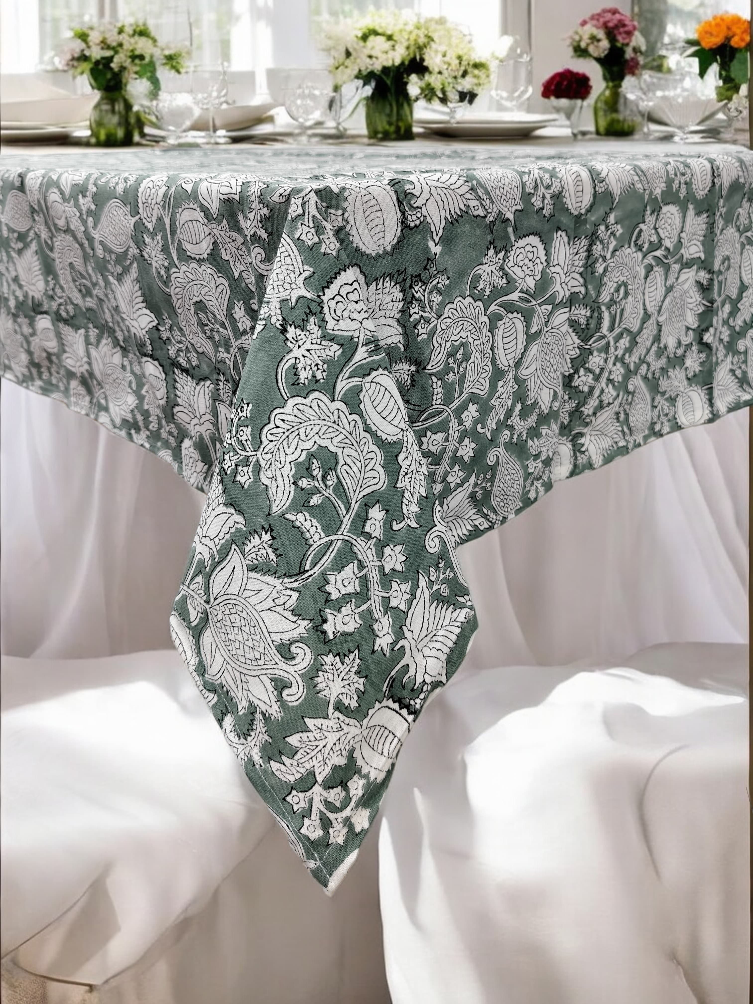 Mango Gifts Hand Block Printed 100% Rectangular Pure Cotton Tablecloth | Floral & Striped Design, Washable Dining Table Cover, 60x90 Inches