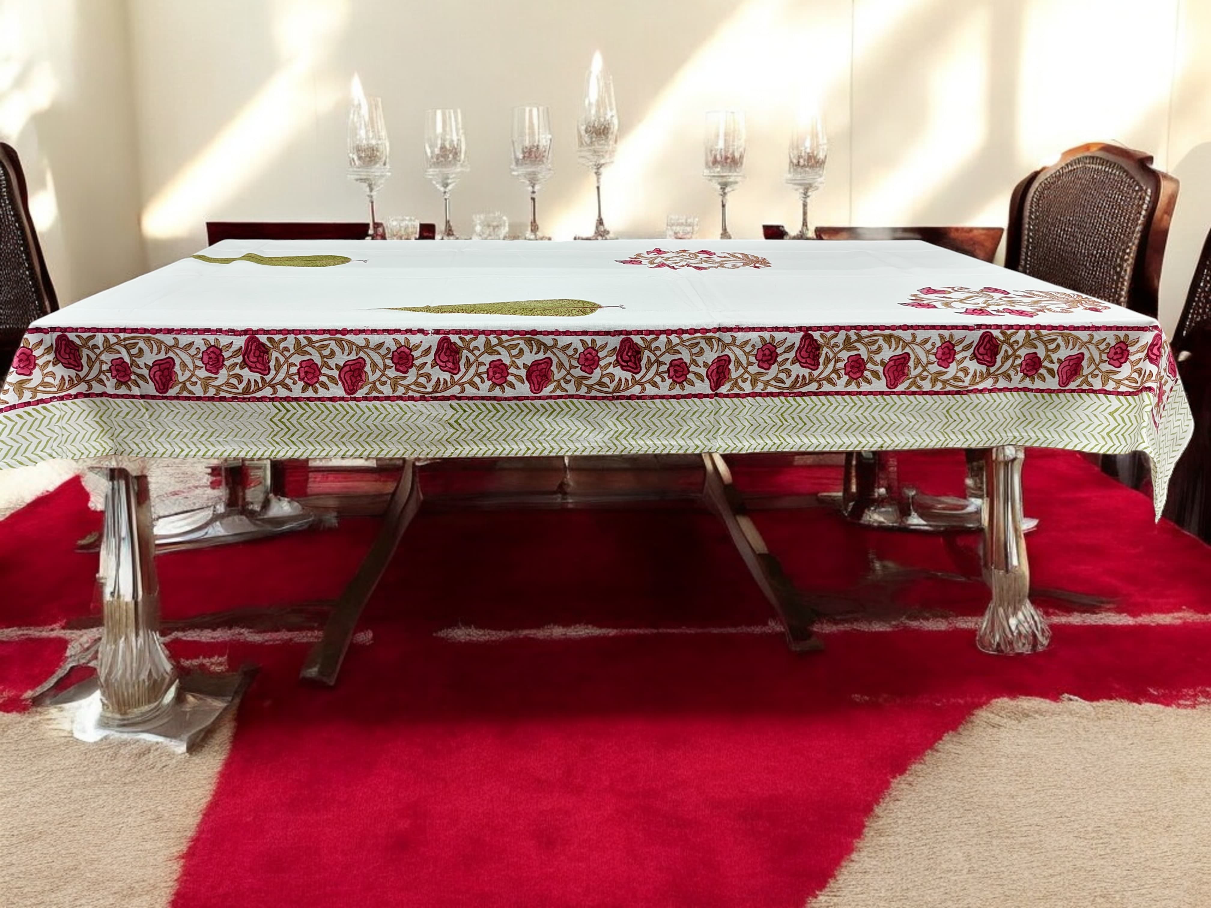 Mango Gifts Hand Block Printed 100% Rectangular Pure Cotton Tablecloth | Floral & Striped Design, Washable Dining Table Cover, 60x90 Inches