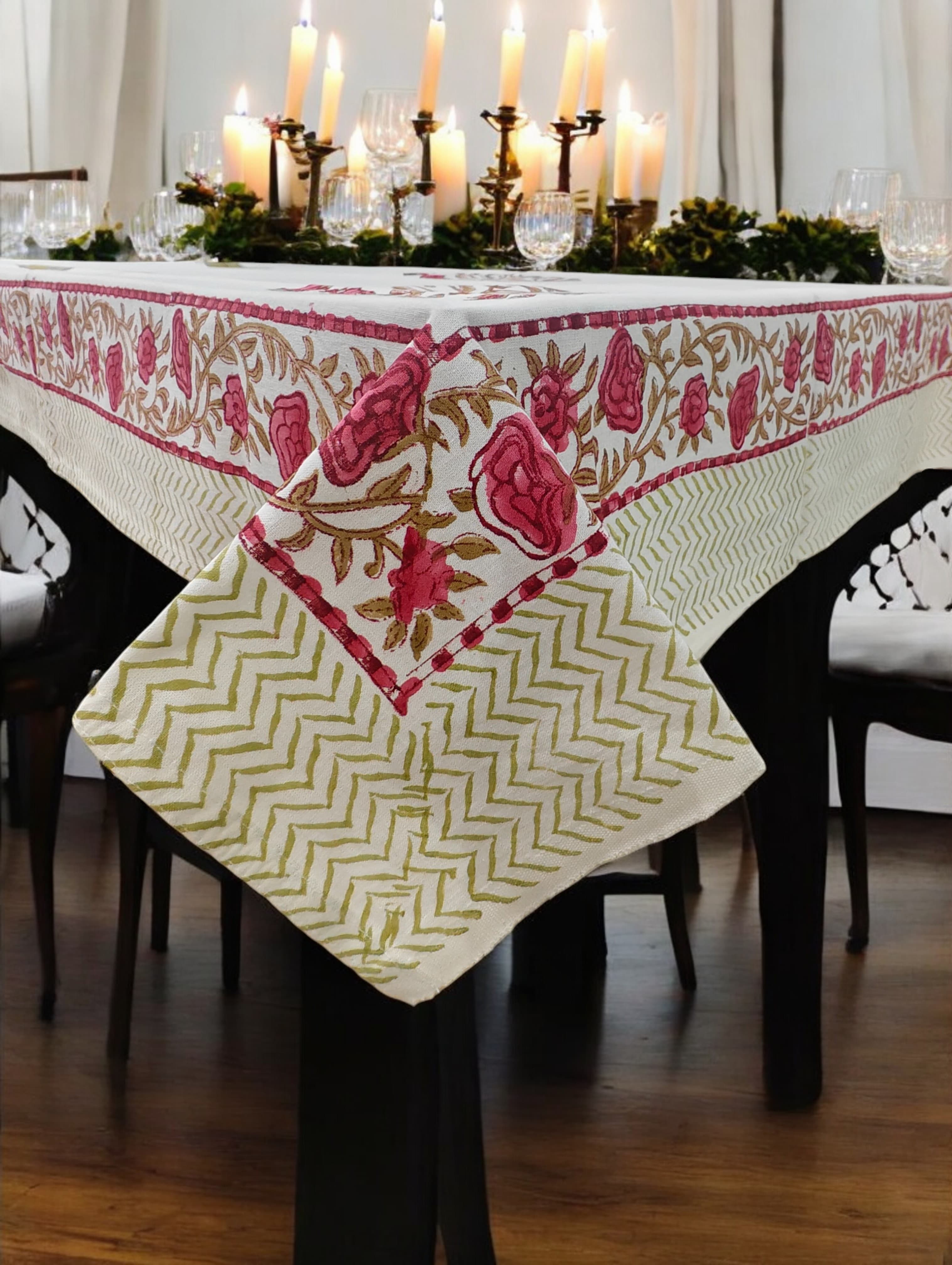 Mango Gifts Hand Block Printed 100% Rectangular Pure Cotton Tablecloth | Floral & Striped Design, Washable Dining Table Cover, 60x90 Inches