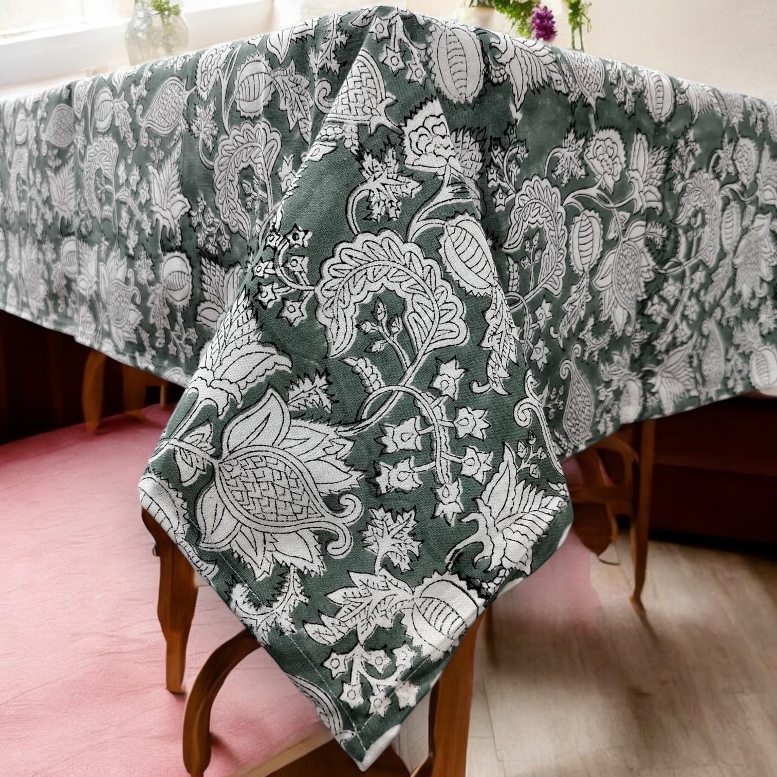 Mango Gifts Hand Block Printed 100% Rectangular Pure Cotton Tablecloth | Floral & Striped Design, Washable Dining Table Cover, 60x90 Inches