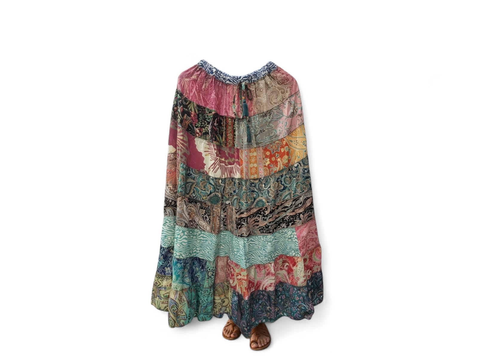 Women Hippie Indian Silk Sari Patchwork Long Gypsy Floral Print Skirt Elastic Waist A-Line