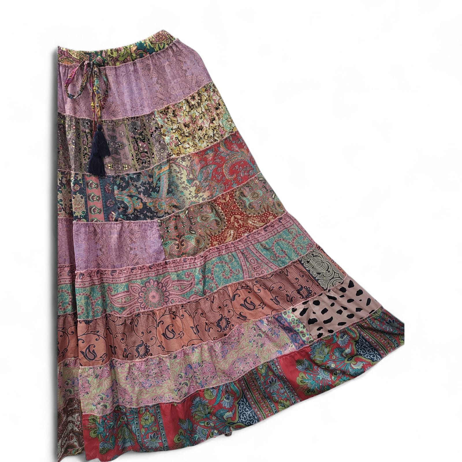 Women Hippie Indian Silk Sari Patchwork Long Gypsy Floral Print Skirt Elastic Waist A-Line