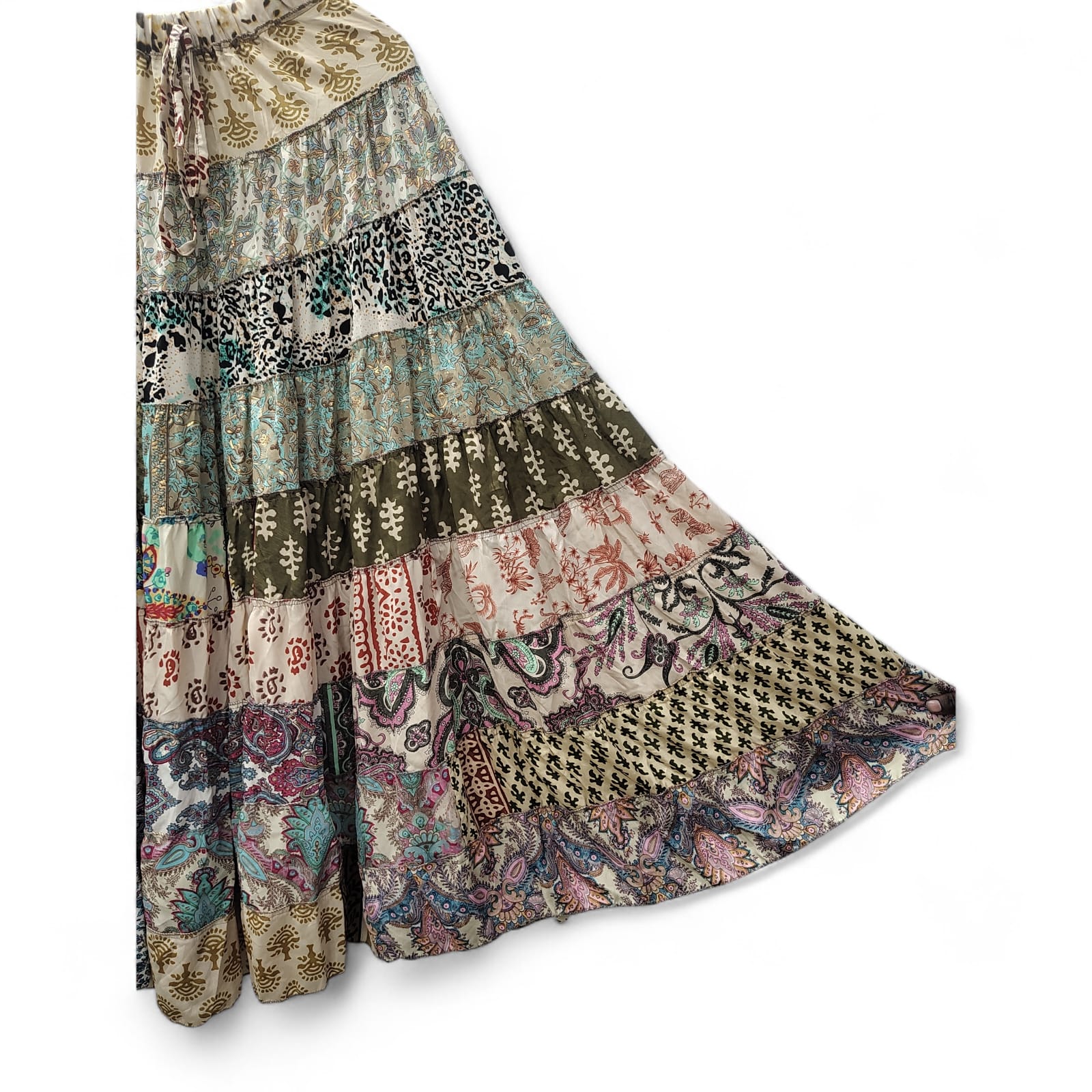 Women Hippie Indian Silk Sari Patchwork Long Gypsy Floral Print Skirt Elastic Waist A-Line