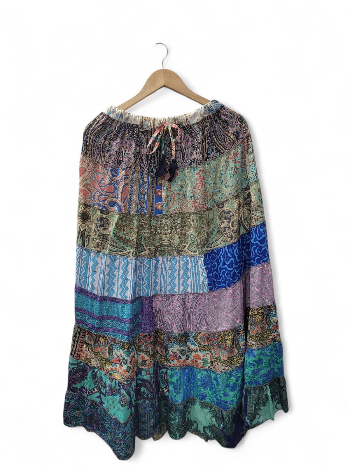 Women Hippie Indian Silk Sari Patchwork Long Gypsy Floral Print Skirt Elastic Waist A-Line