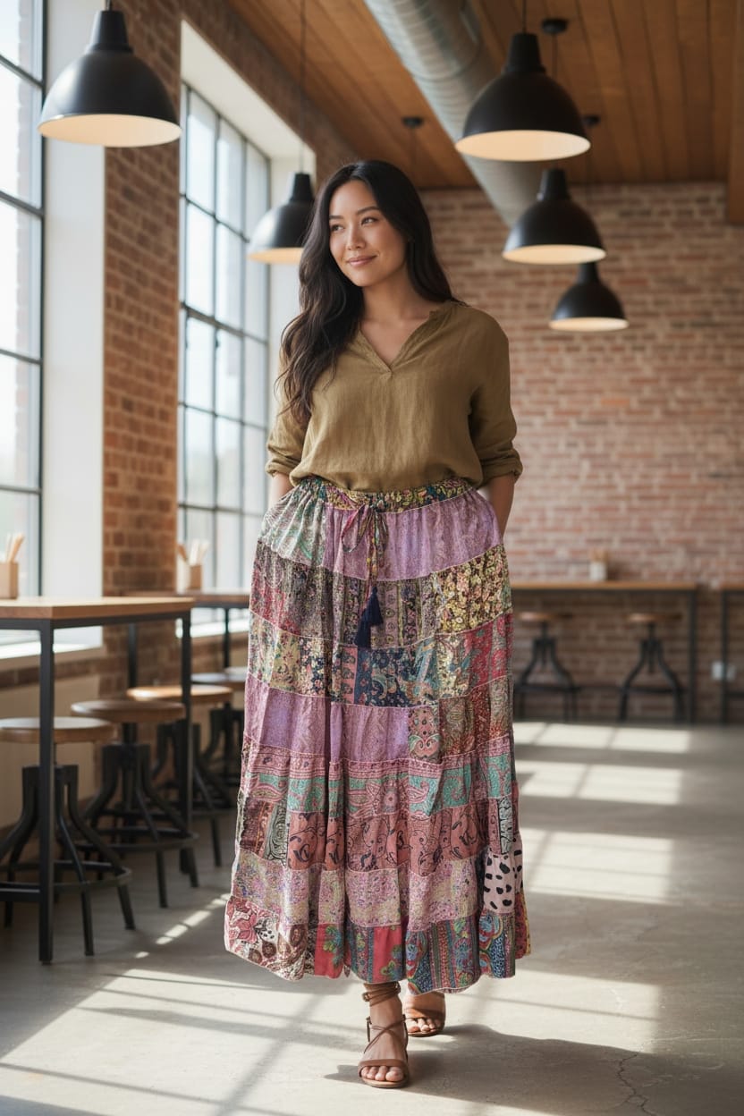 Women Hippie Indian Silk Sari Patchwork Long Gypsy Floral Print Skirt Elastic Waist A-Line