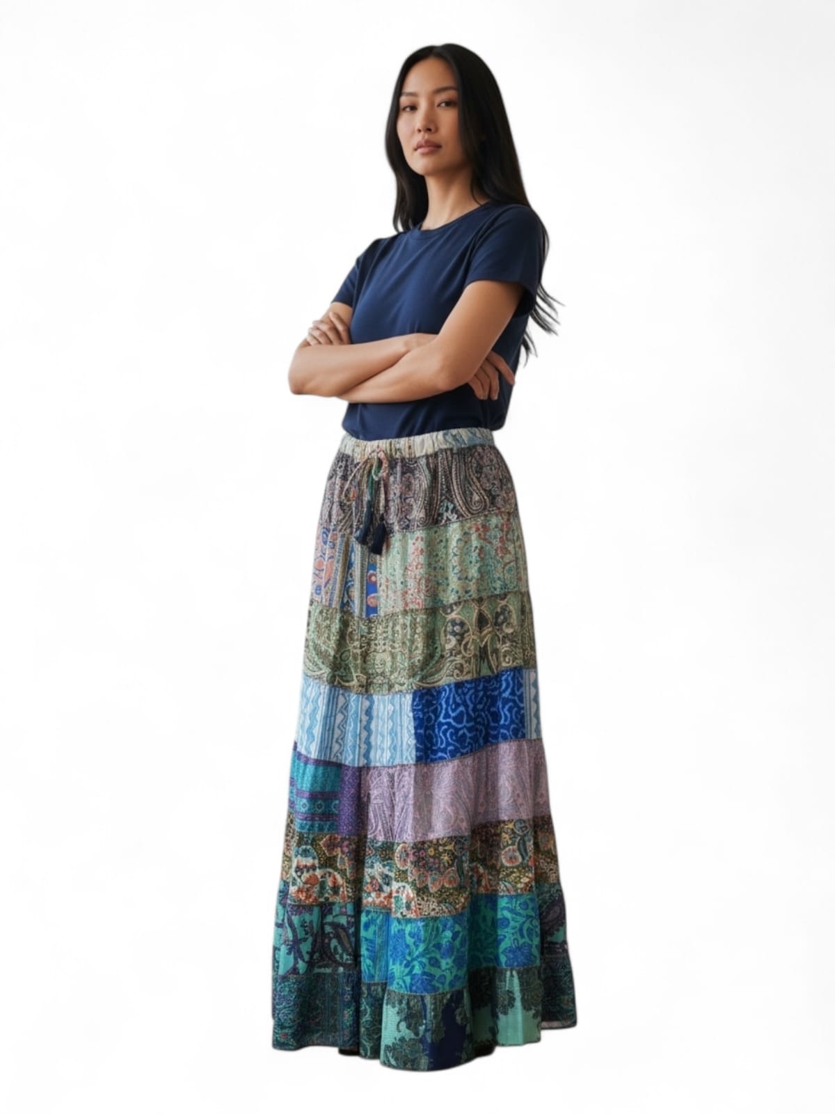 Women Hippie Indian Silk Sari Patchwork Long Gypsy Floral Print Skirt Elastic Waist A-Line