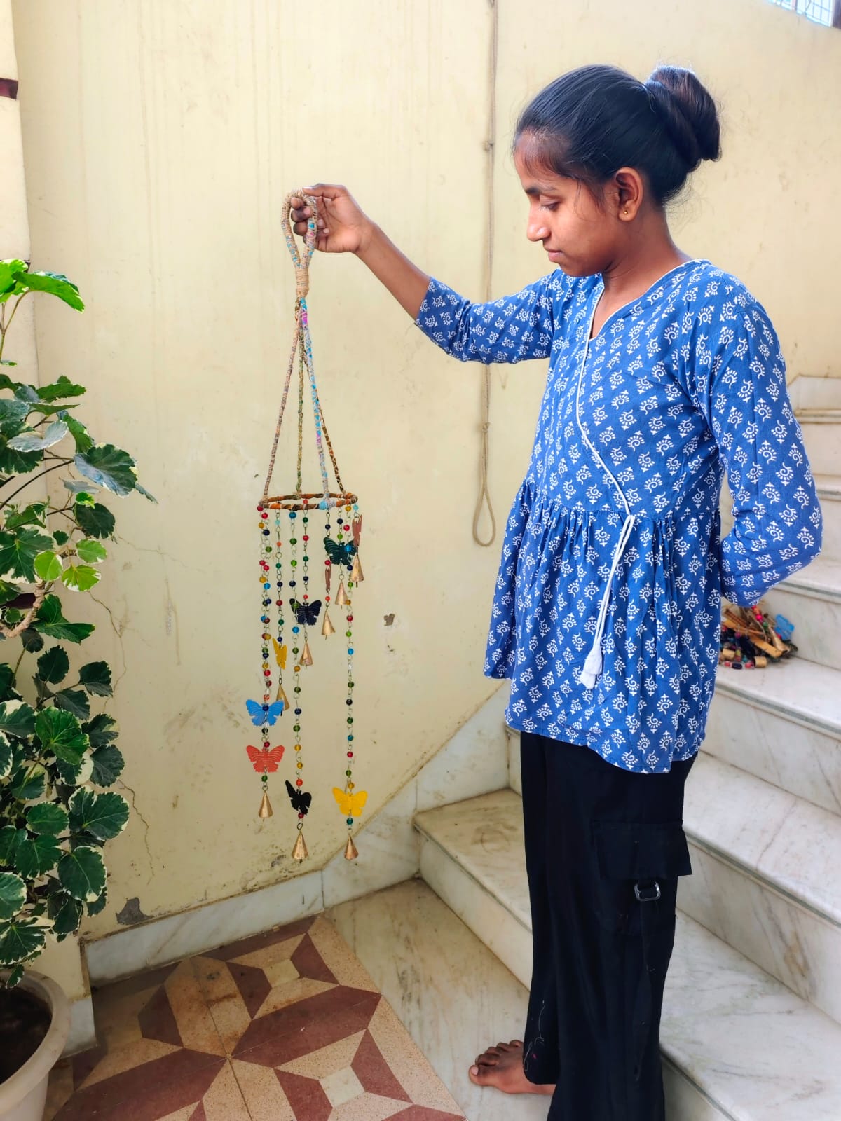 Colorful Butterfly Wind Chime, Handmade Beaded Hanging Chime with Metal Bells, Bohemian Garden Decor for Patio, Porch, Balcony, Window, Indoor Outdoor Decoration