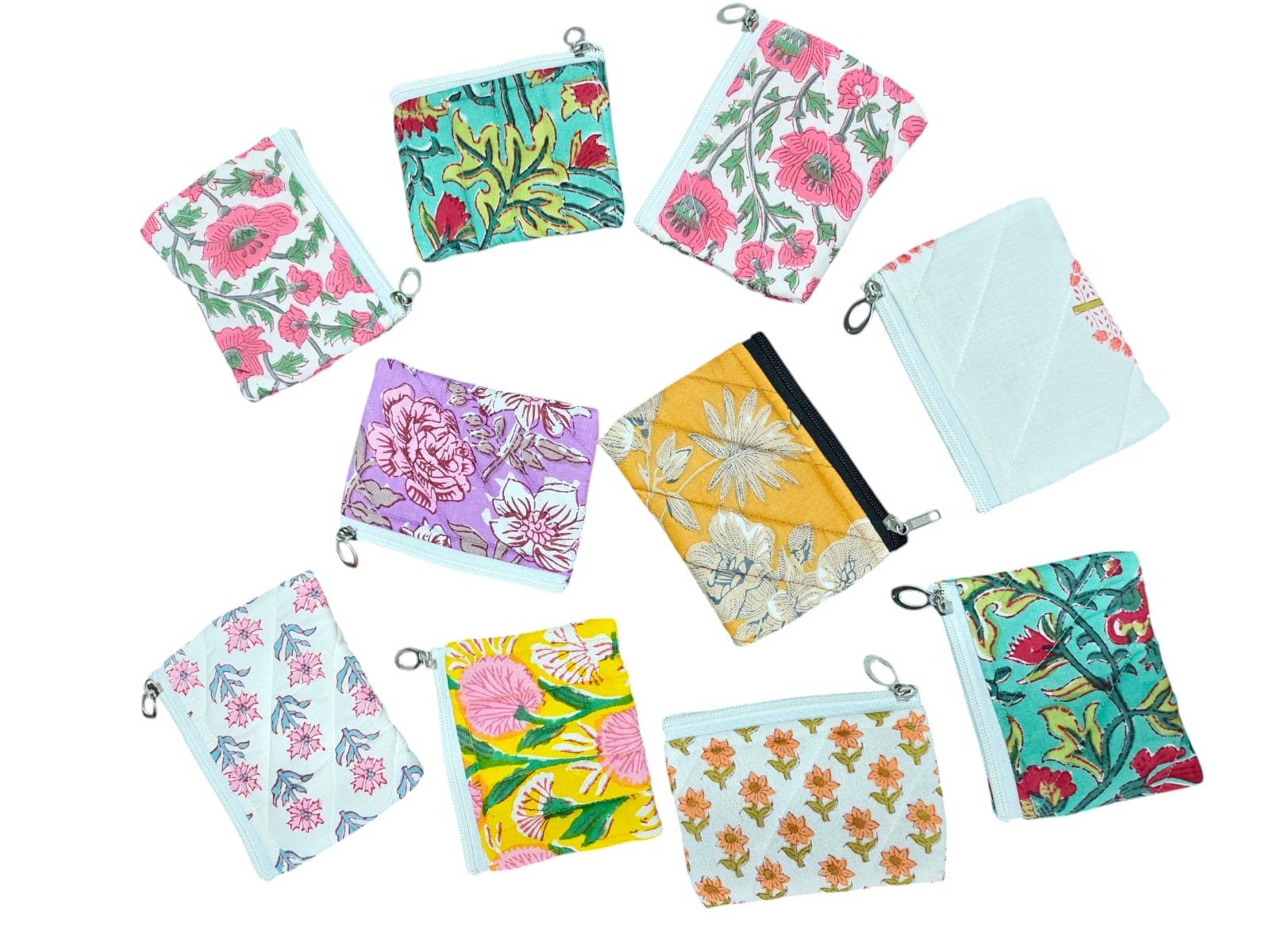 Mini Quilted Zip Pouch for Coins, Credit Cards, Cash, Keys & Jewellery, Handmade Block Print Wallet, Travel Organizer for Women