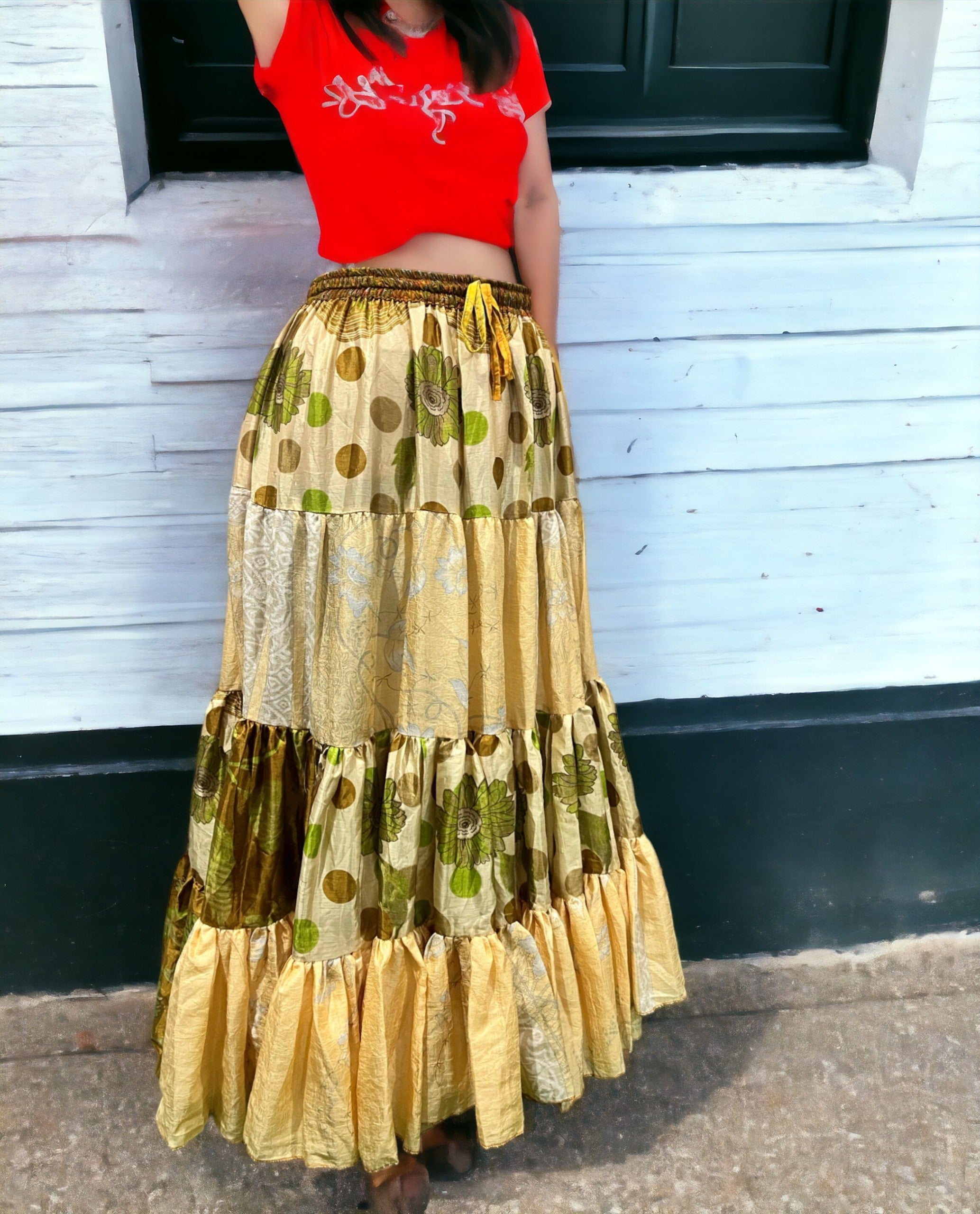 Vintage Silk Sari Belly Dance Frill Skirt - Boho Women