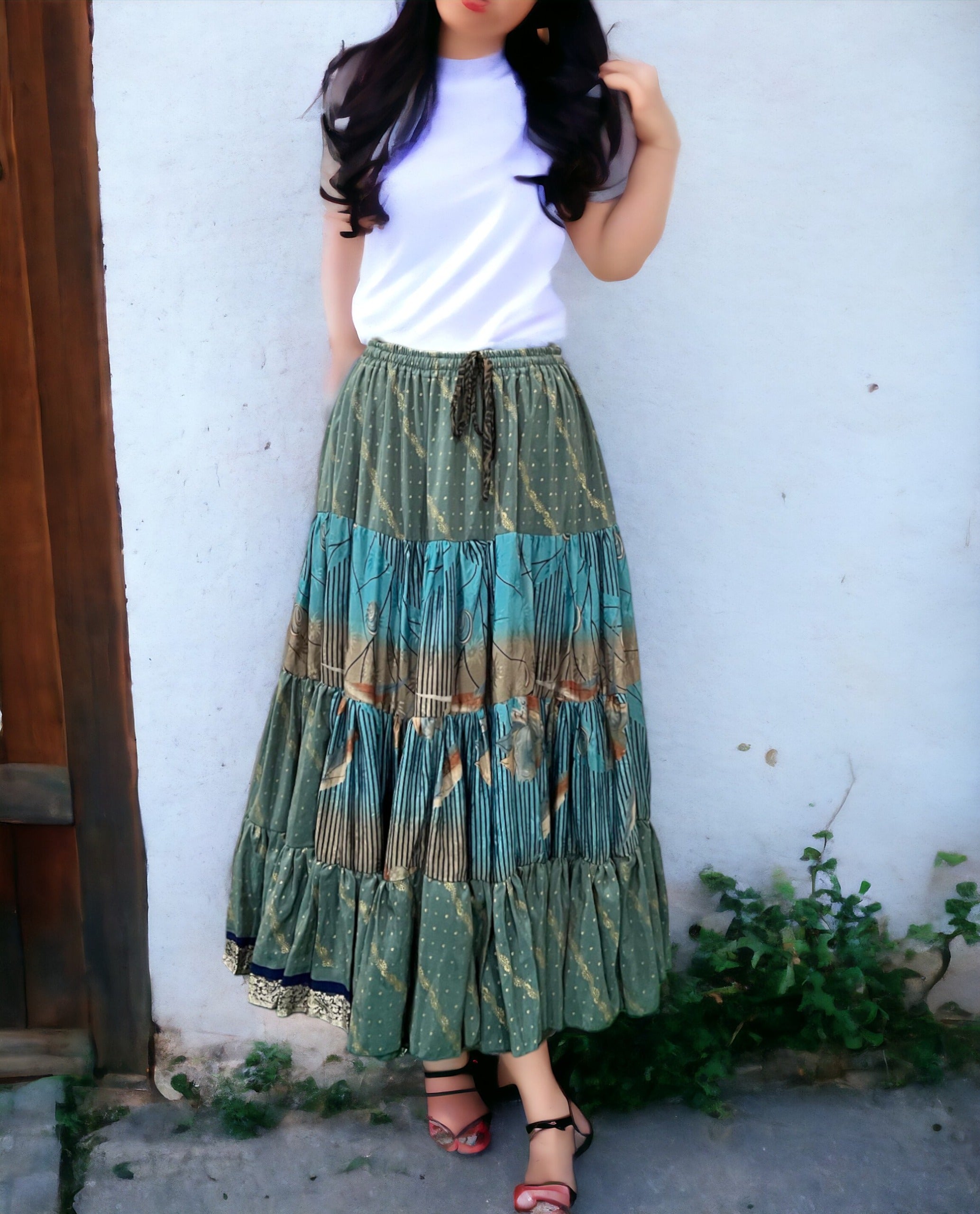 Vintage Silk Sari Belly Dance Frill Skirt - Boho Women