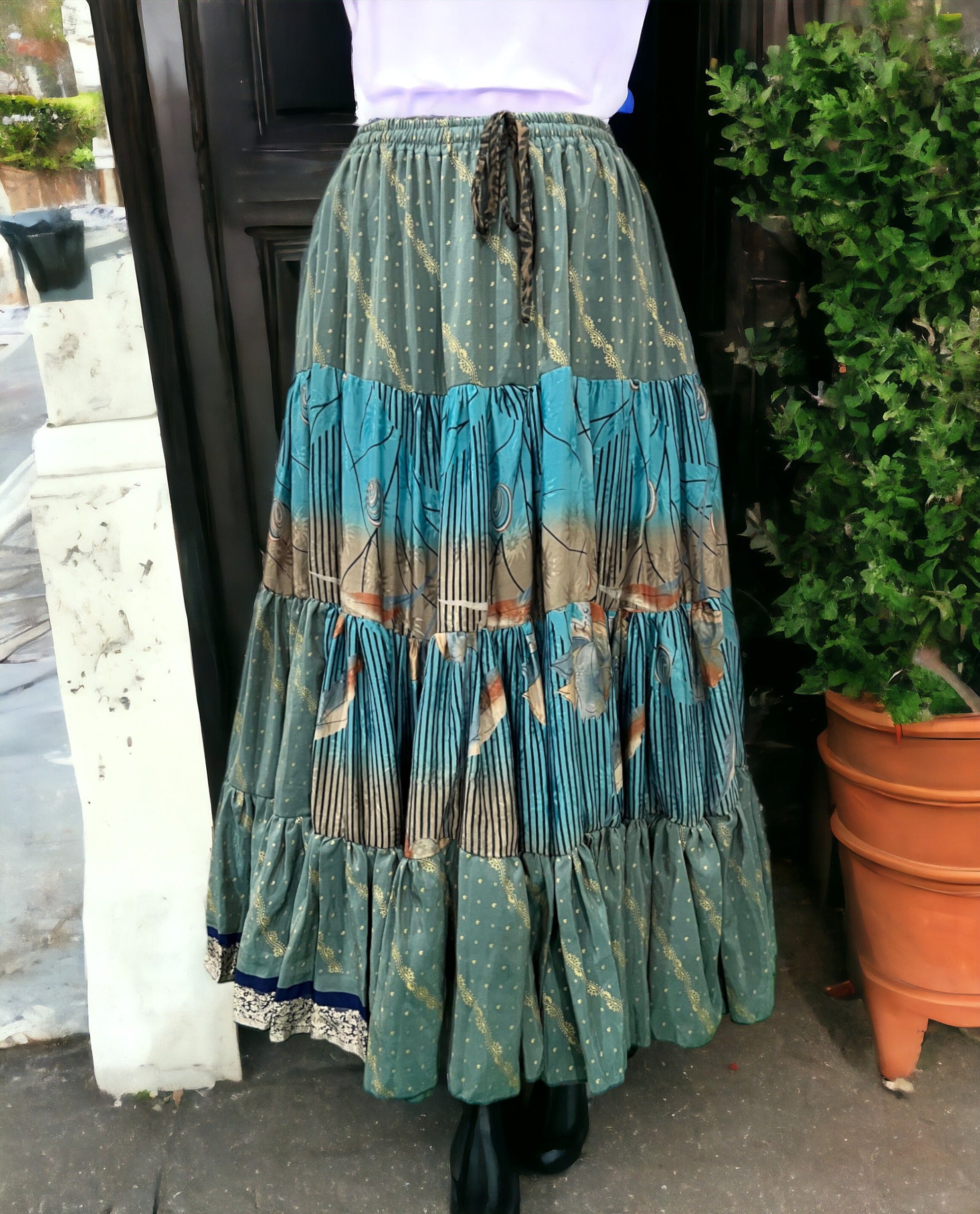 Vintage Silk Sari Belly Dance Frill Skirt - Boho Women