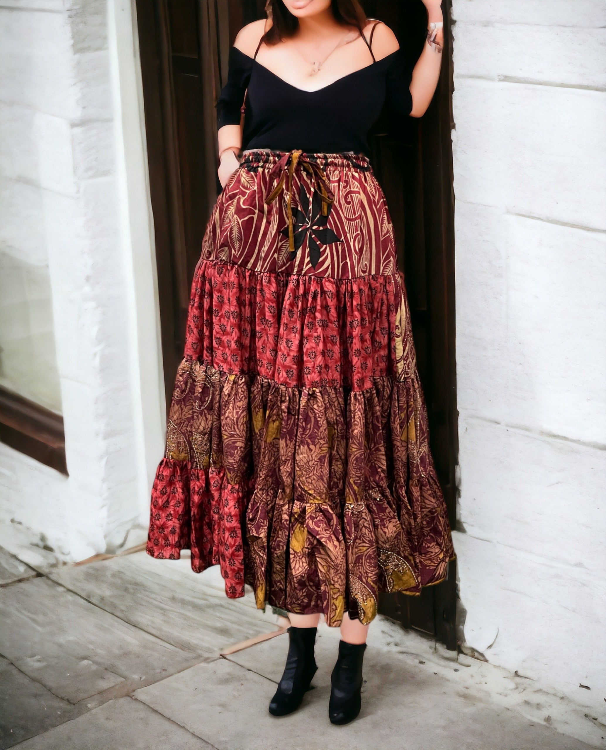 Vintage Silk Sari Belly Dance Frill Skirt - Boho Women