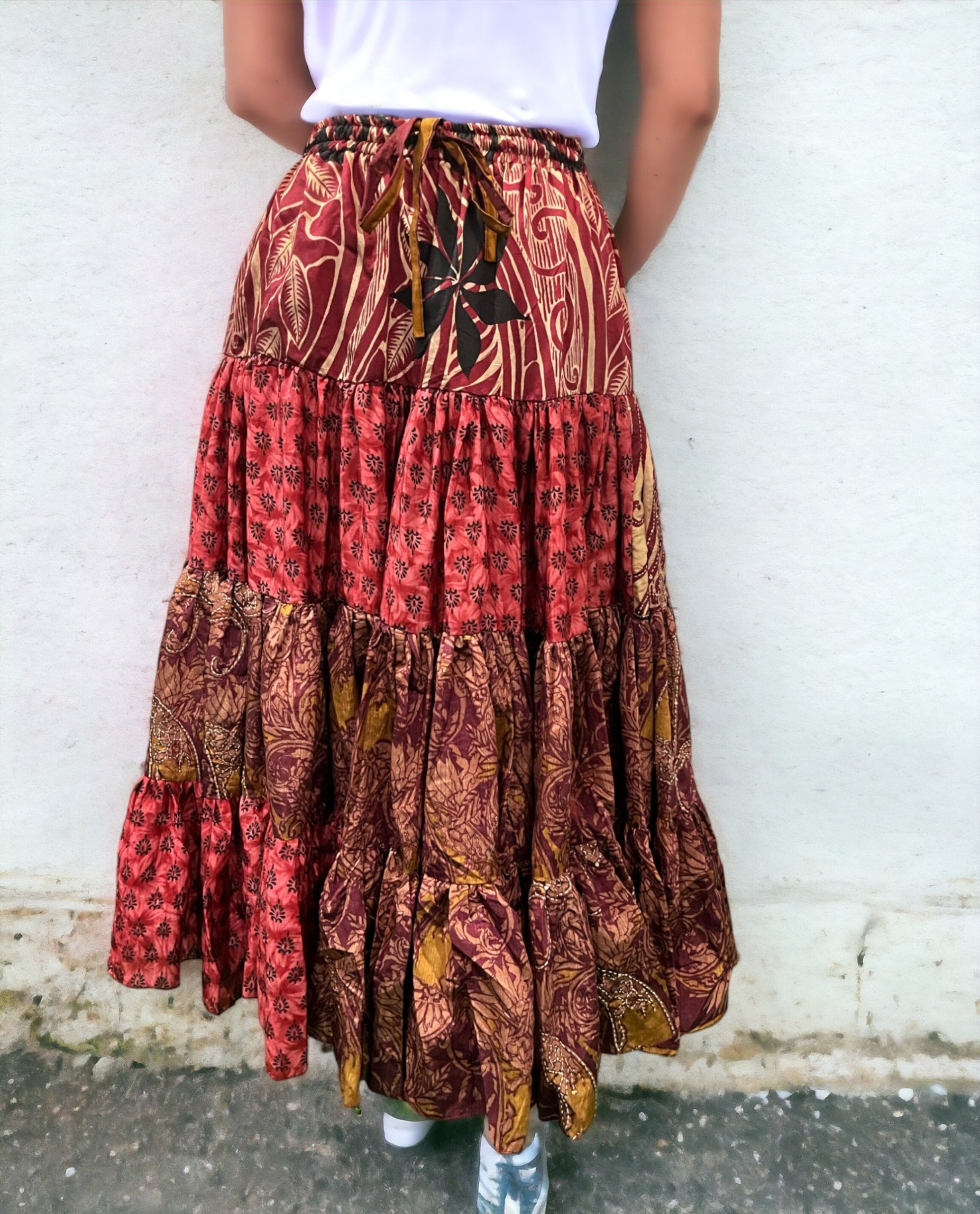 Vintage Silk Sari Belly Dance Frill Skirt - Boho Women