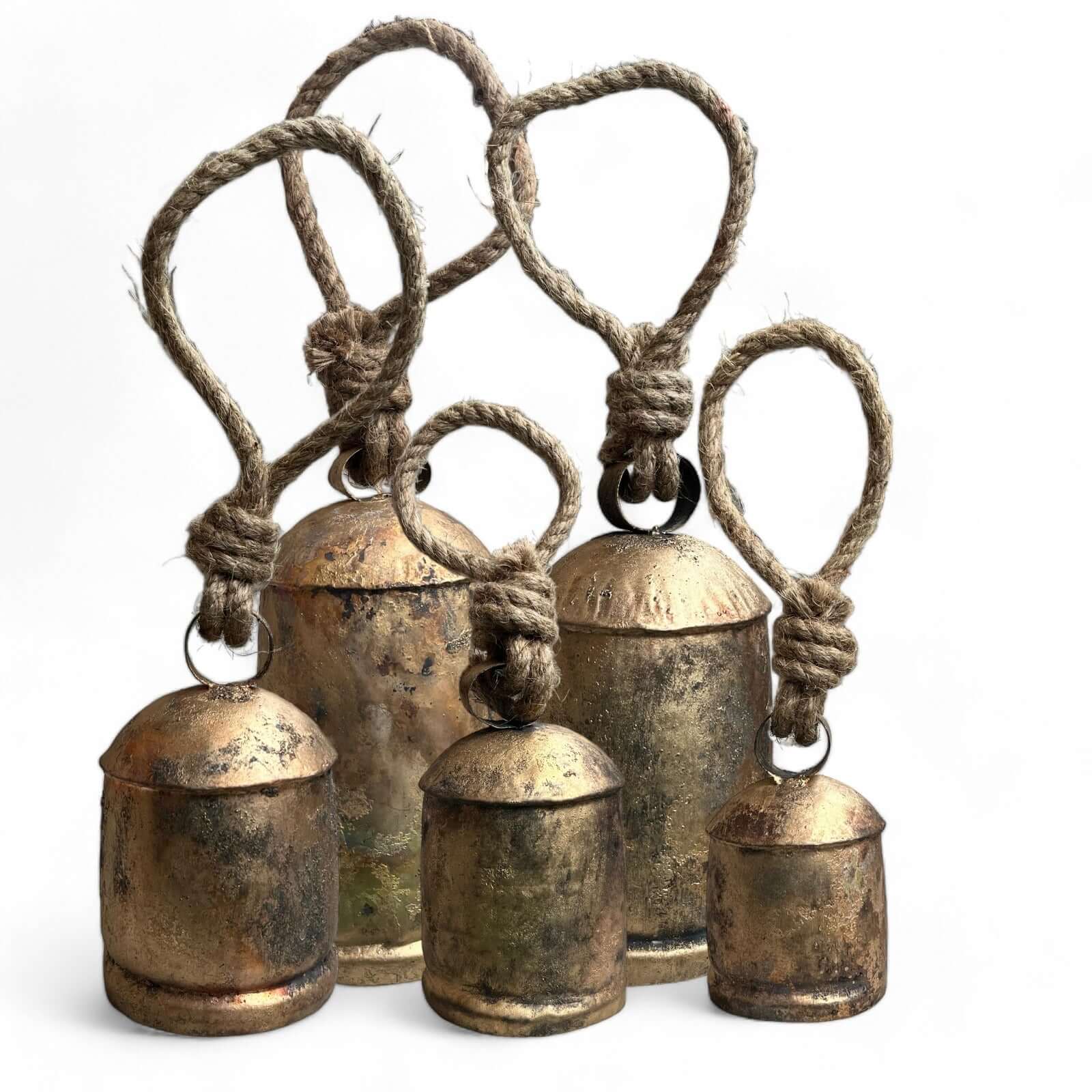 Set of 5 antique gold giant cow bells with rustic jute rope, handcrafted and eco-friendly for garden decor.