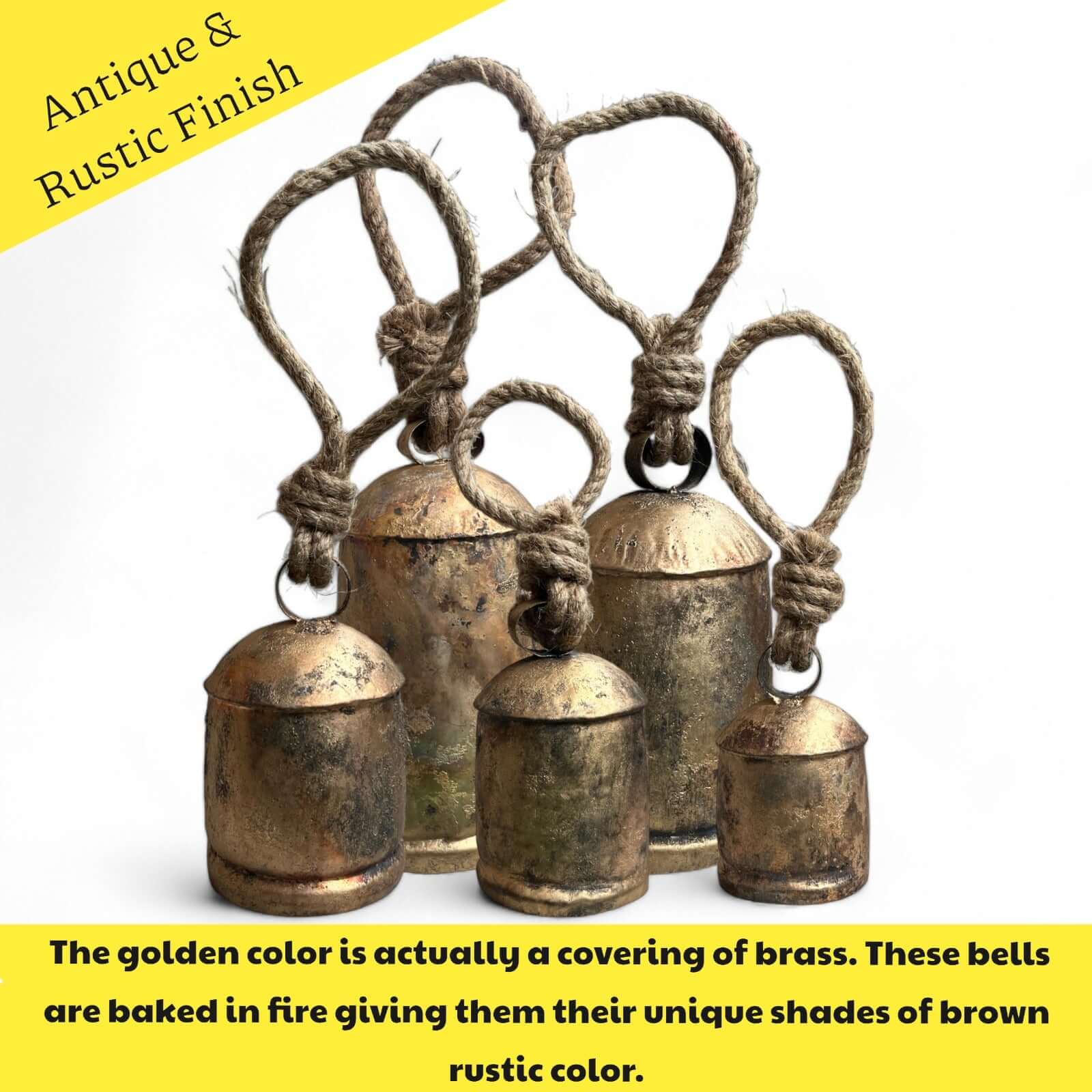 Set of 5 handmade antique brass cow bells with rustic jute rope for garden decor, showcasing unique brown finishes.