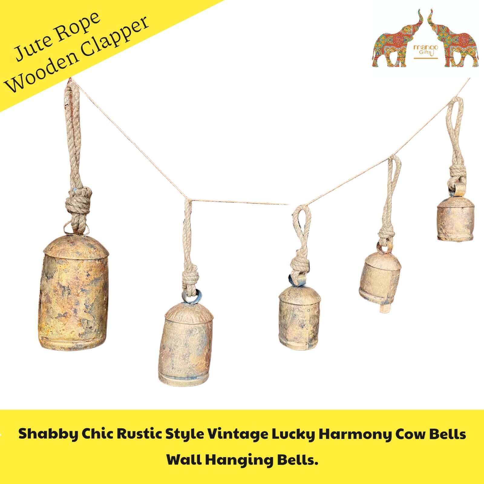 Set of 5 vintage harmony cow bells with jute rope and wooden clapper, rustic wall hanging decor for garden or home.