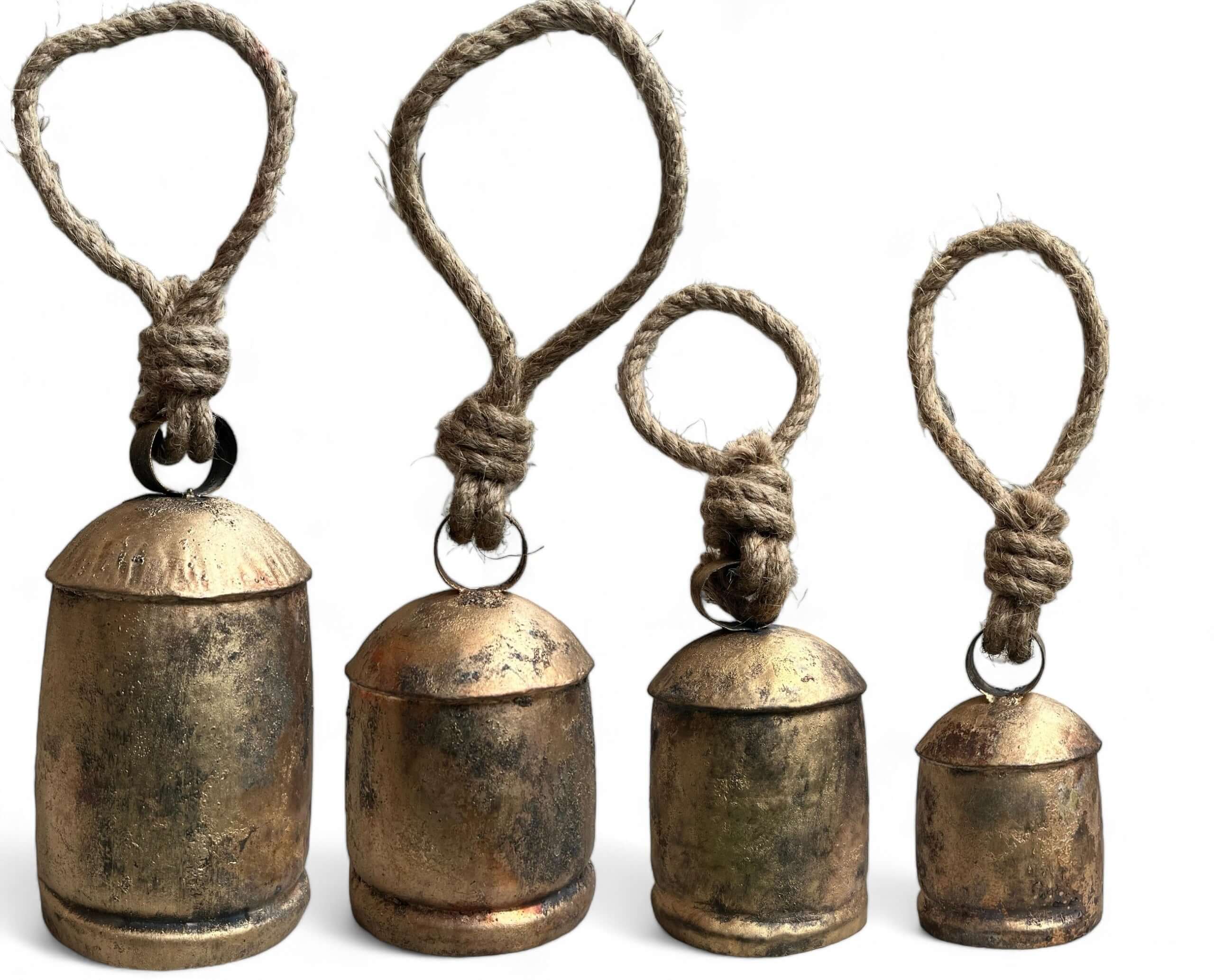 Set of 4 vintage handmade iron cow bells with jute rope, showcasing antique gold finish for rustic decor.