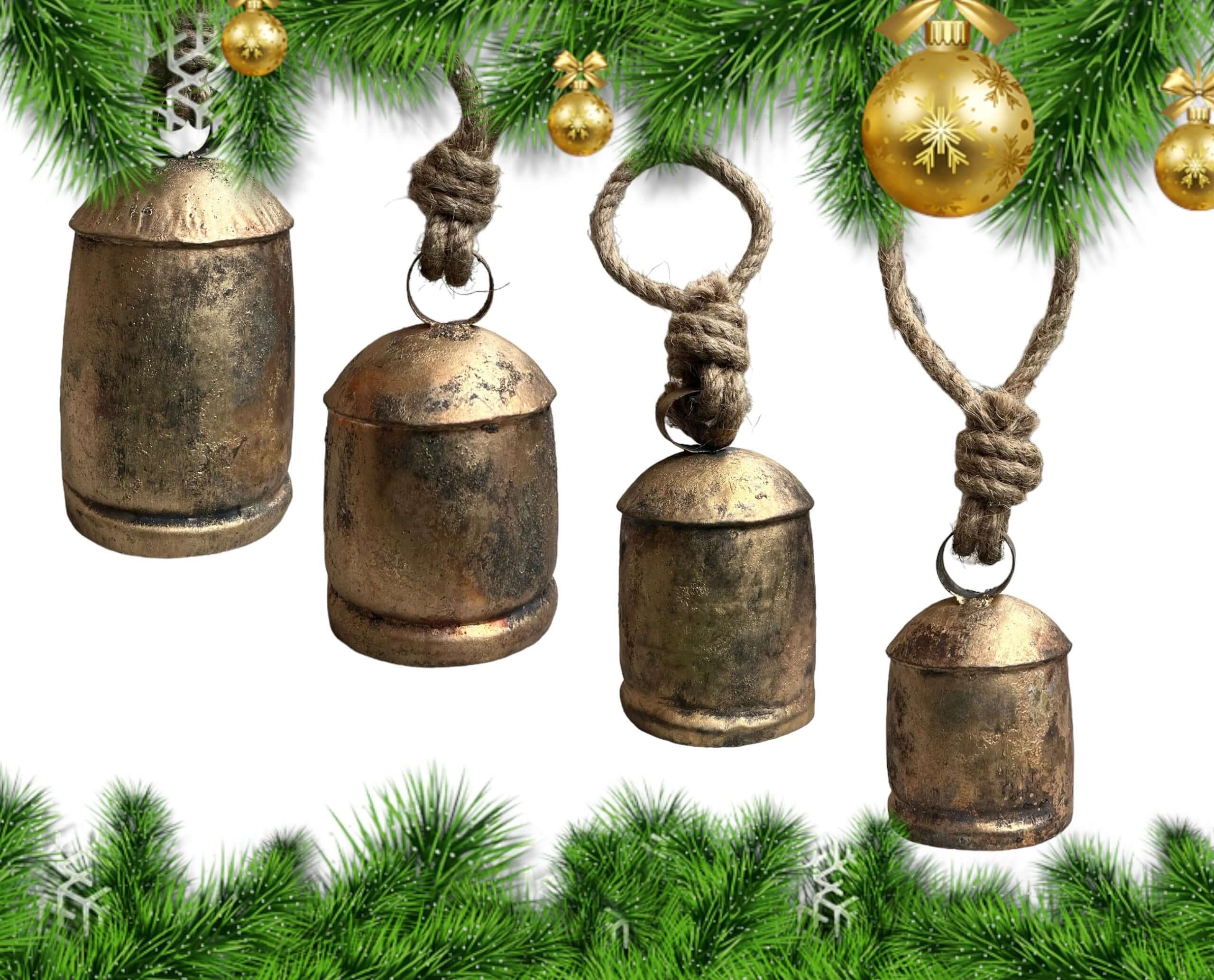 Set of 5 antique gold giant cow bells with rustic rope for holiday decor, featuring a shabby chic design and handmade finish.