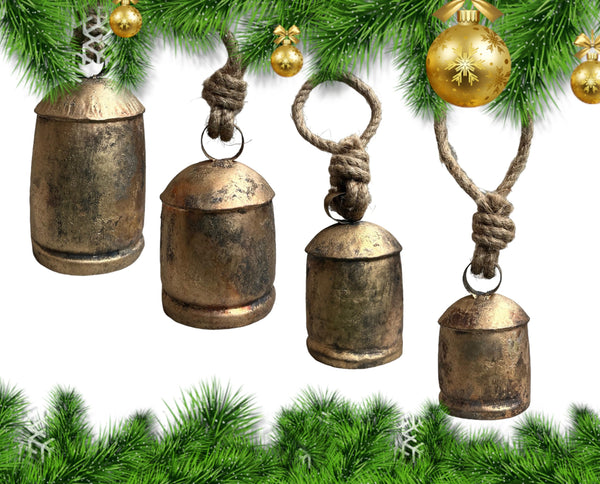 Set of 4 Giant Harmony Cow Bells Huge Vintage Handmade Rustic Lucky Christmas Hanging XL Bells On Rope Antique Gold