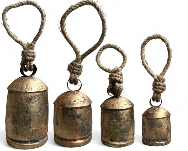 Set of 4 Giant Harmony Cow Bells Huge Vintage Handmade Rustic Lucky Christmas Hanging XL Bells On Rope Antique Gold