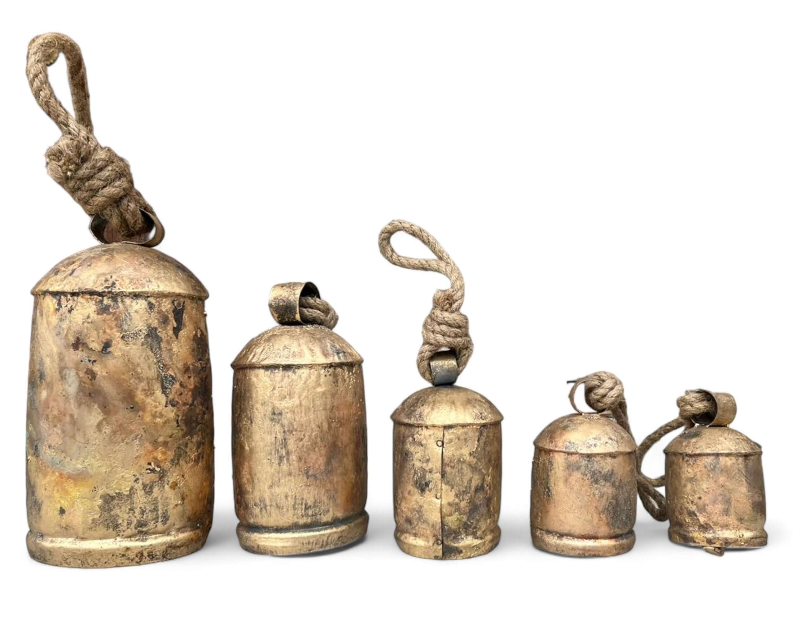 Set of 5 vintage handmade rustic cow bells in antique gold with jute rope, ideal for garden decorations.