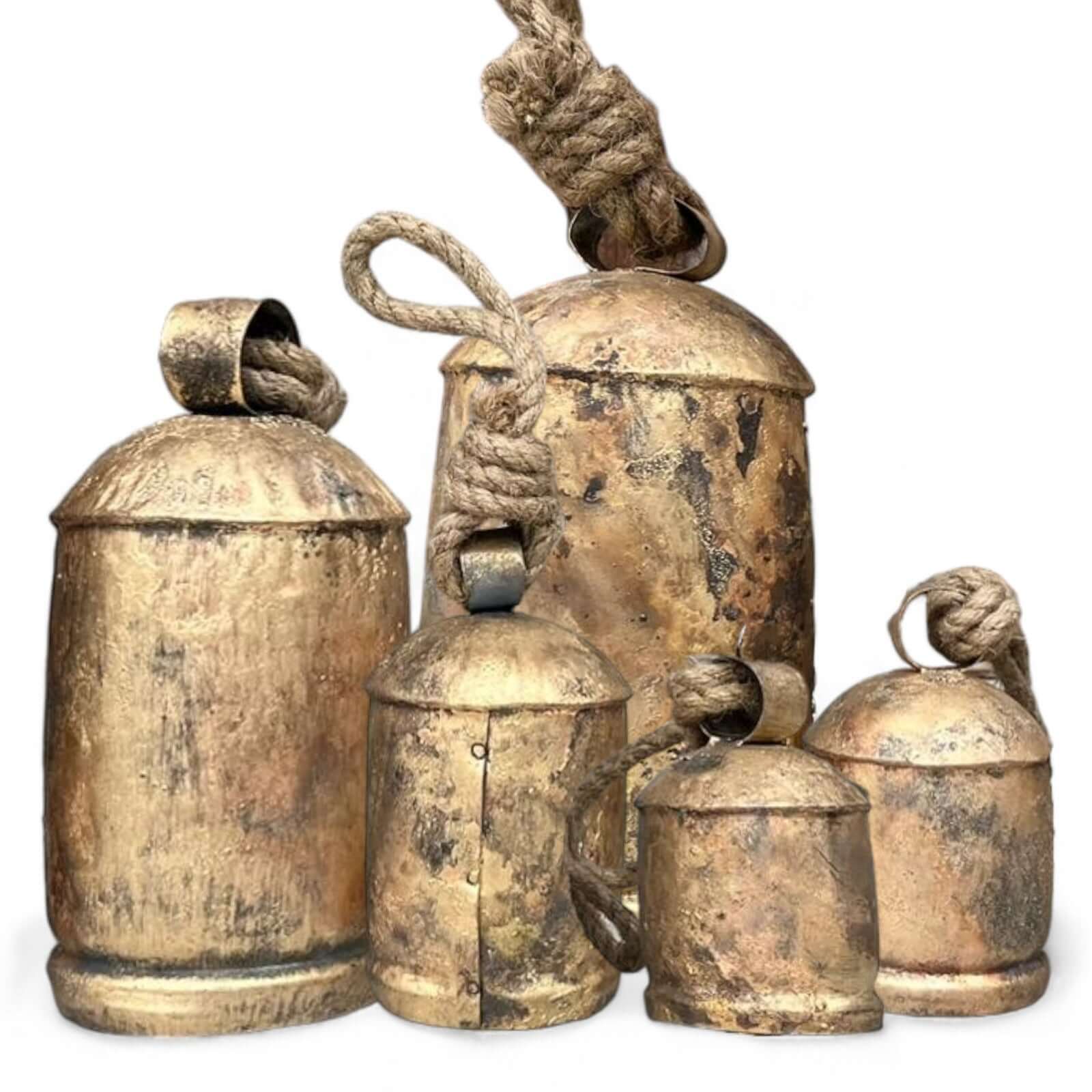 Set of 5 vintage handmade giant cow bells in antique gold with rustic jute rope for garden decoration.