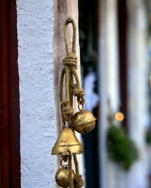 5 Rustic Harmony Jingle Bells Cluster Vintage Handmade Lucky Christmas Hanging Décor Bells on Rope