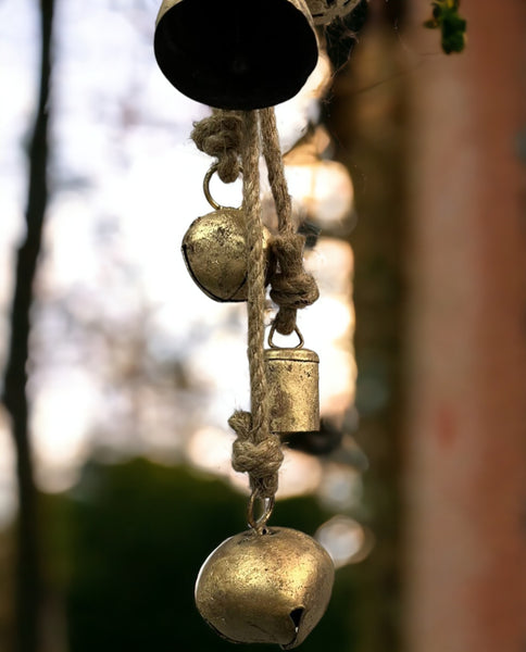 5 Rustic Harmony Jingle Bells Cluster Vintage Handmade Lucky Christmas Hanging Décor Bells on Rope