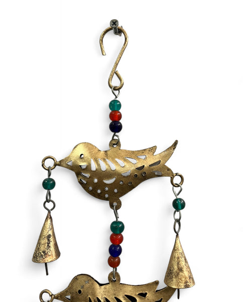 3 Metal Birds Hanging Chime Decoration Antique Gold Finish with Beads and Bells Boho Decoration Height 48 cm