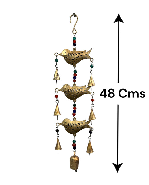 3 Metal Birds Hanging Chime Decoration Antique Gold Finish with Beads and Bells Boho Decoration Height 48 cm