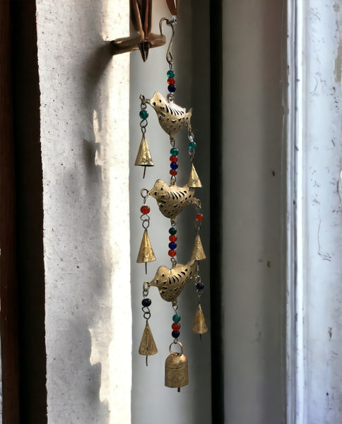 3 Metal Birds Hanging Chime Decoration Antique Gold Finish with Beads and Bells Boho Decoration Height 48 cm