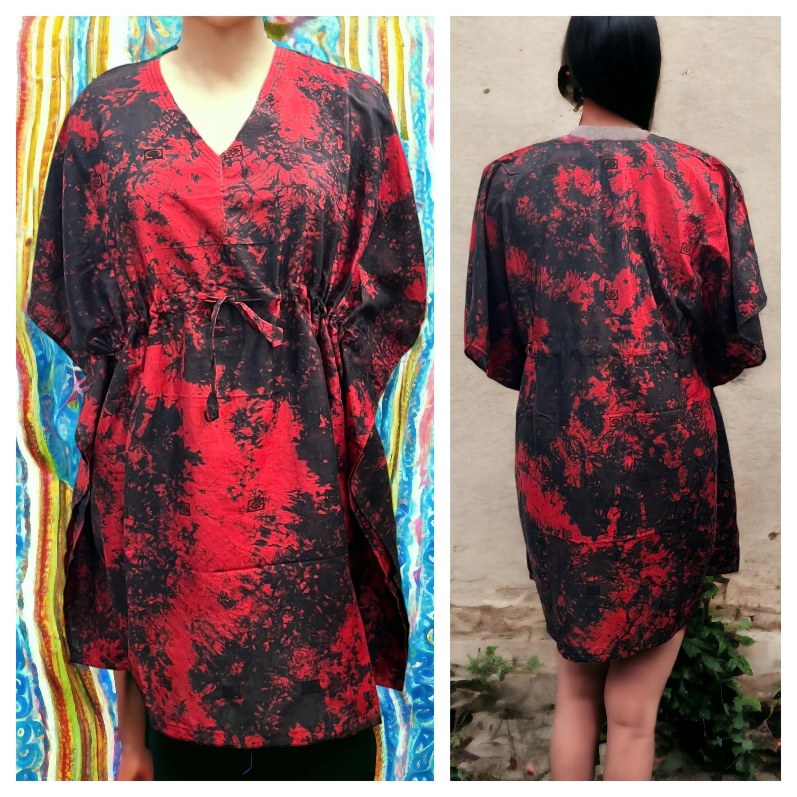 Upcycled silk sari tie-dye caftan tunic in red and black, perfect for beach wear and casual outings, available wholesale.