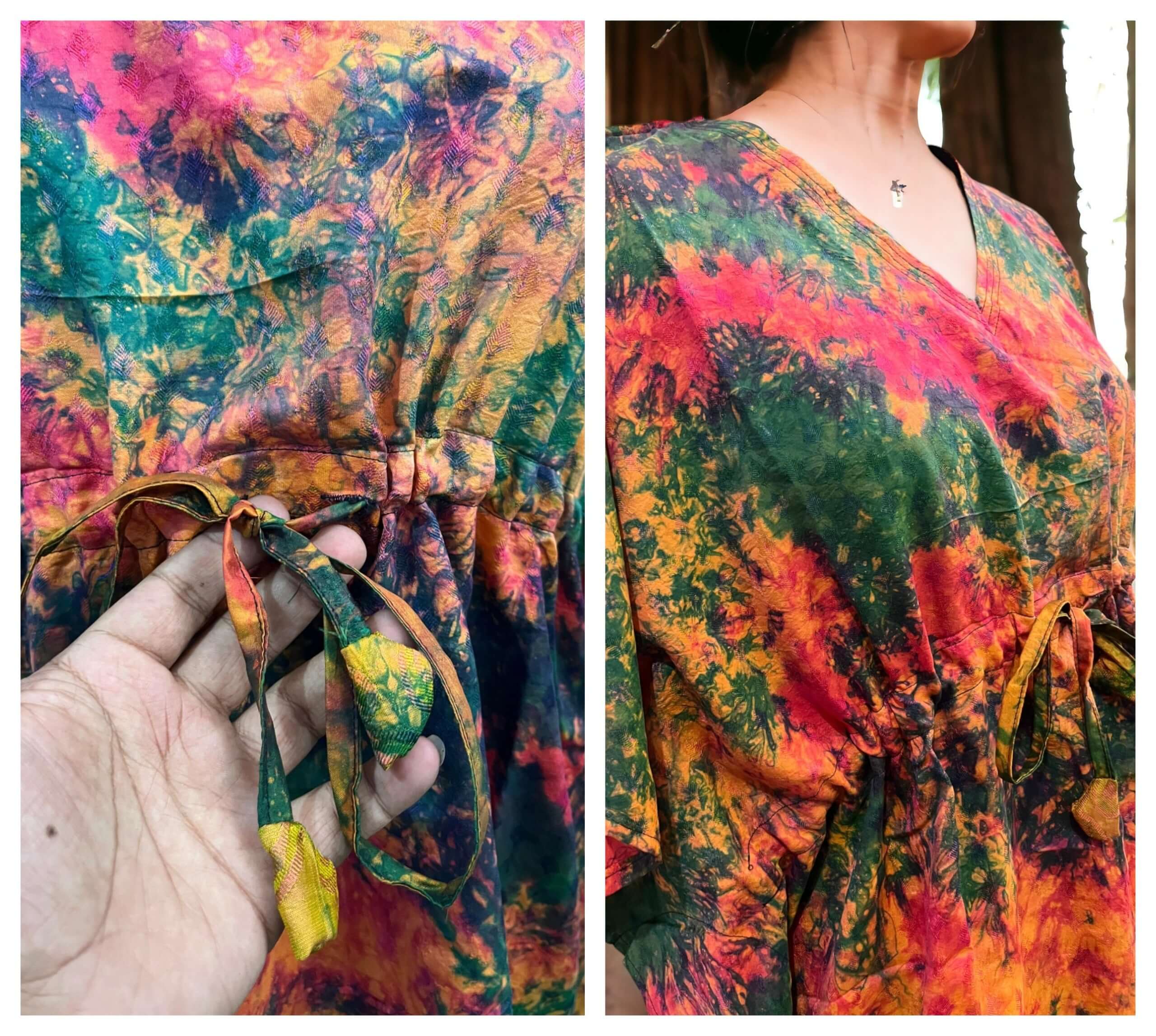 Upcycled silk sari tie-dye women kaftan tunic showcasing vibrant colors and adjustable waist tie detail.