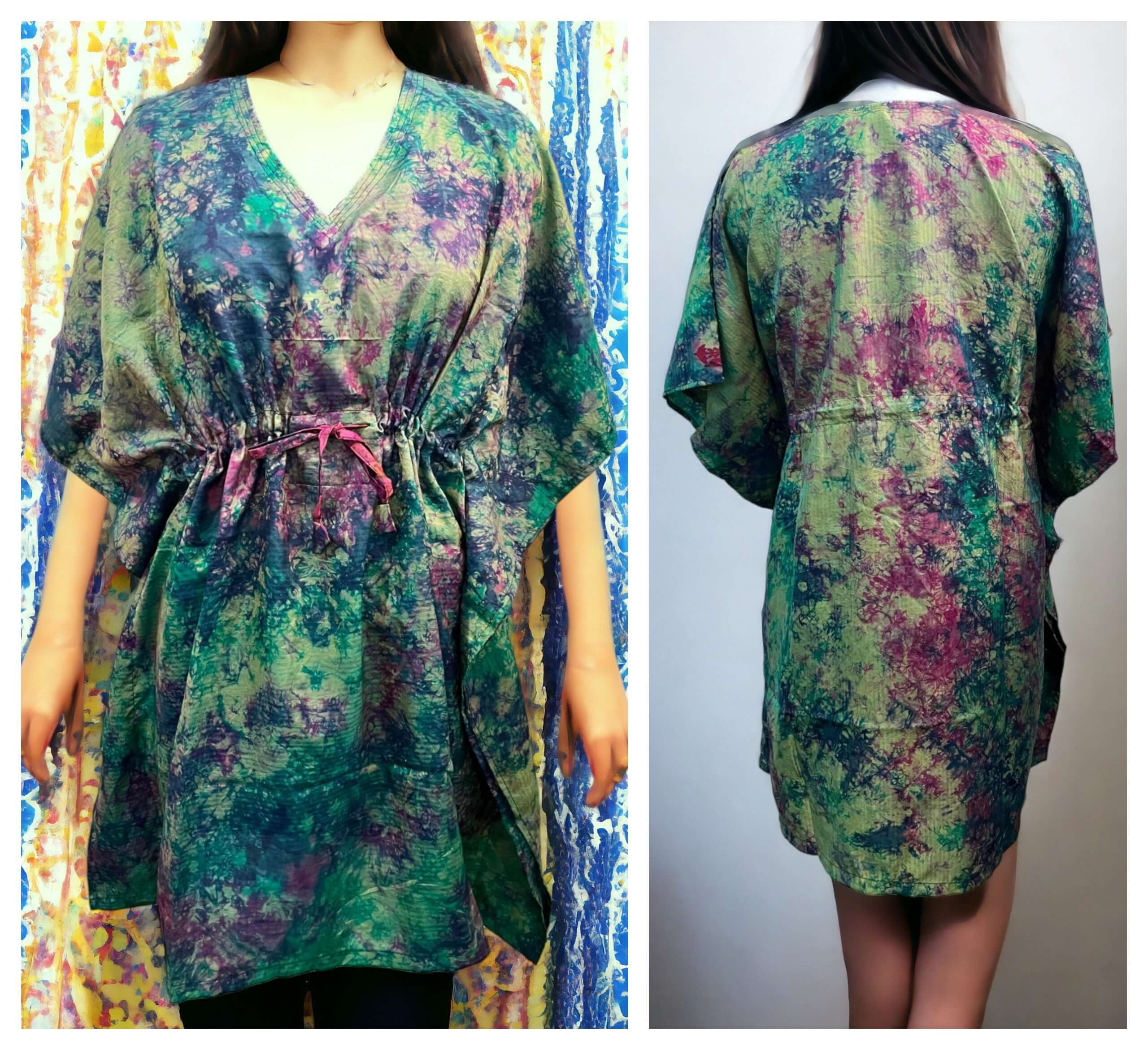Upcycled silk sari tie-dye kaftan tunic for women, showcasing vibrant colors and boho style, perfect for beach wear.