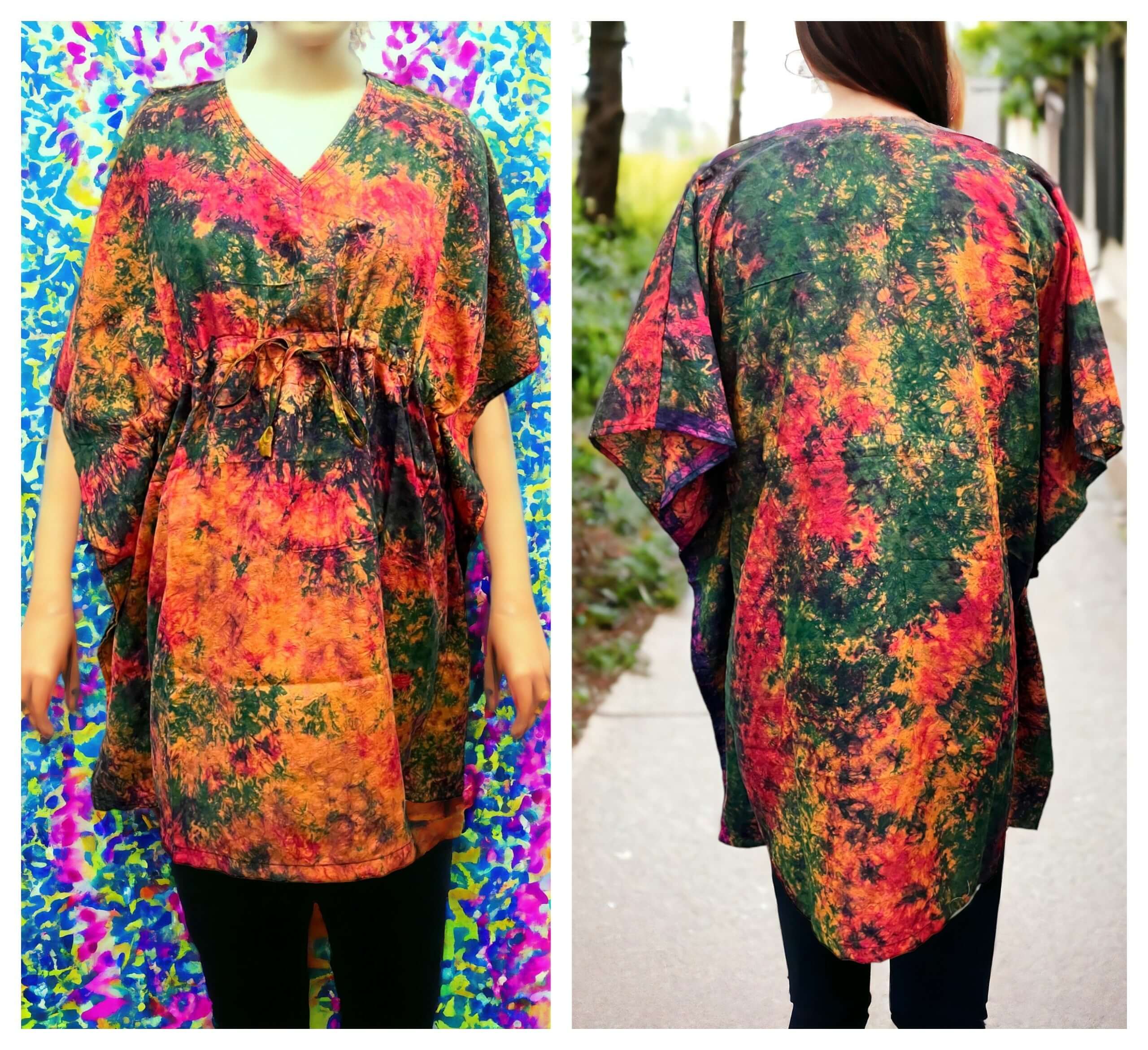 Upcycled silk sari tie-dye kaftan tunic in vibrant colors, suitable for beach wear and casual outings.