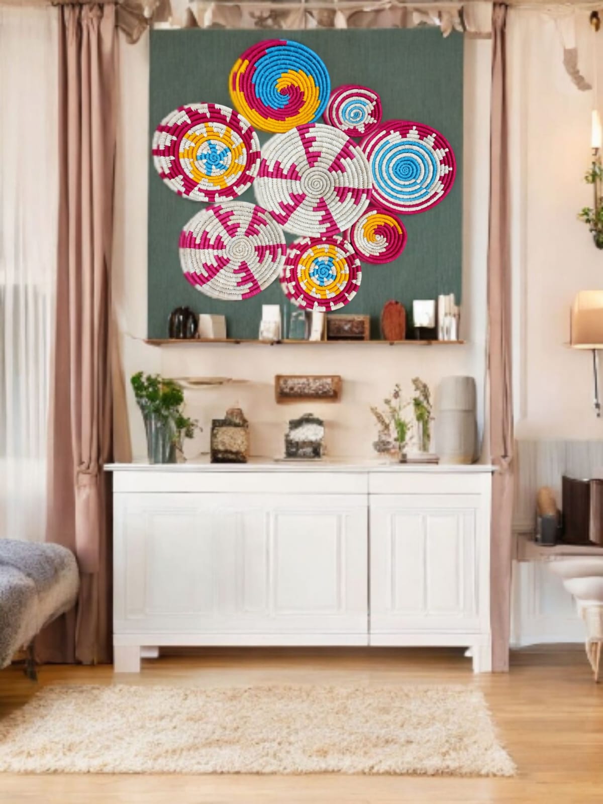 Colorful Sabai grass handwoven rattan wall baskets as boho wall art decor in a cozy living room setting.