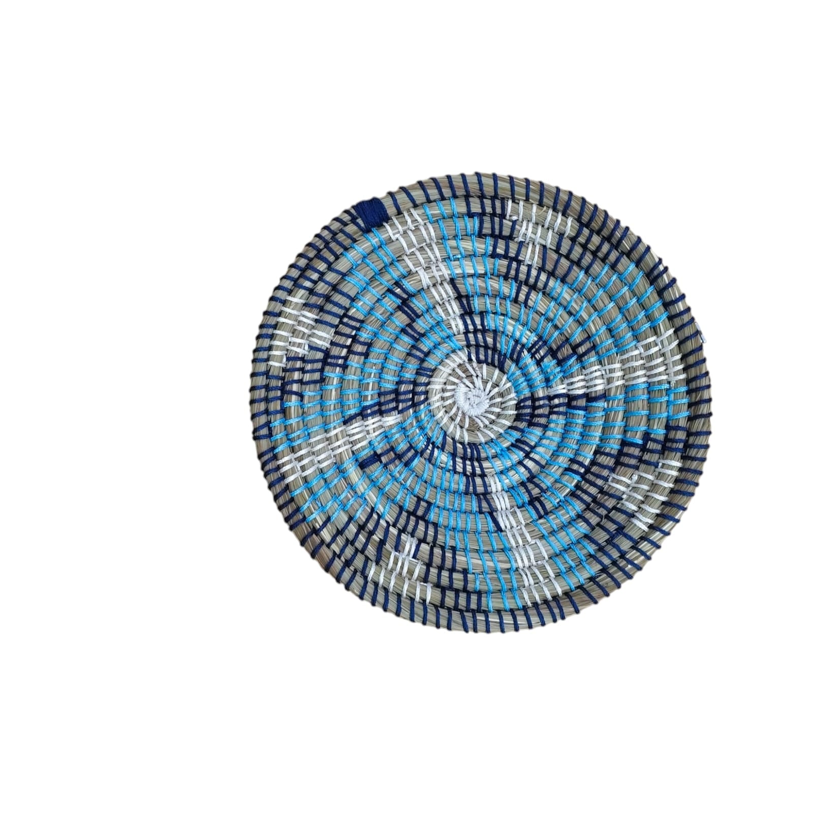 Handwoven round rattan wall basket in shades of blue, perfect for boho wall décor and wall art.