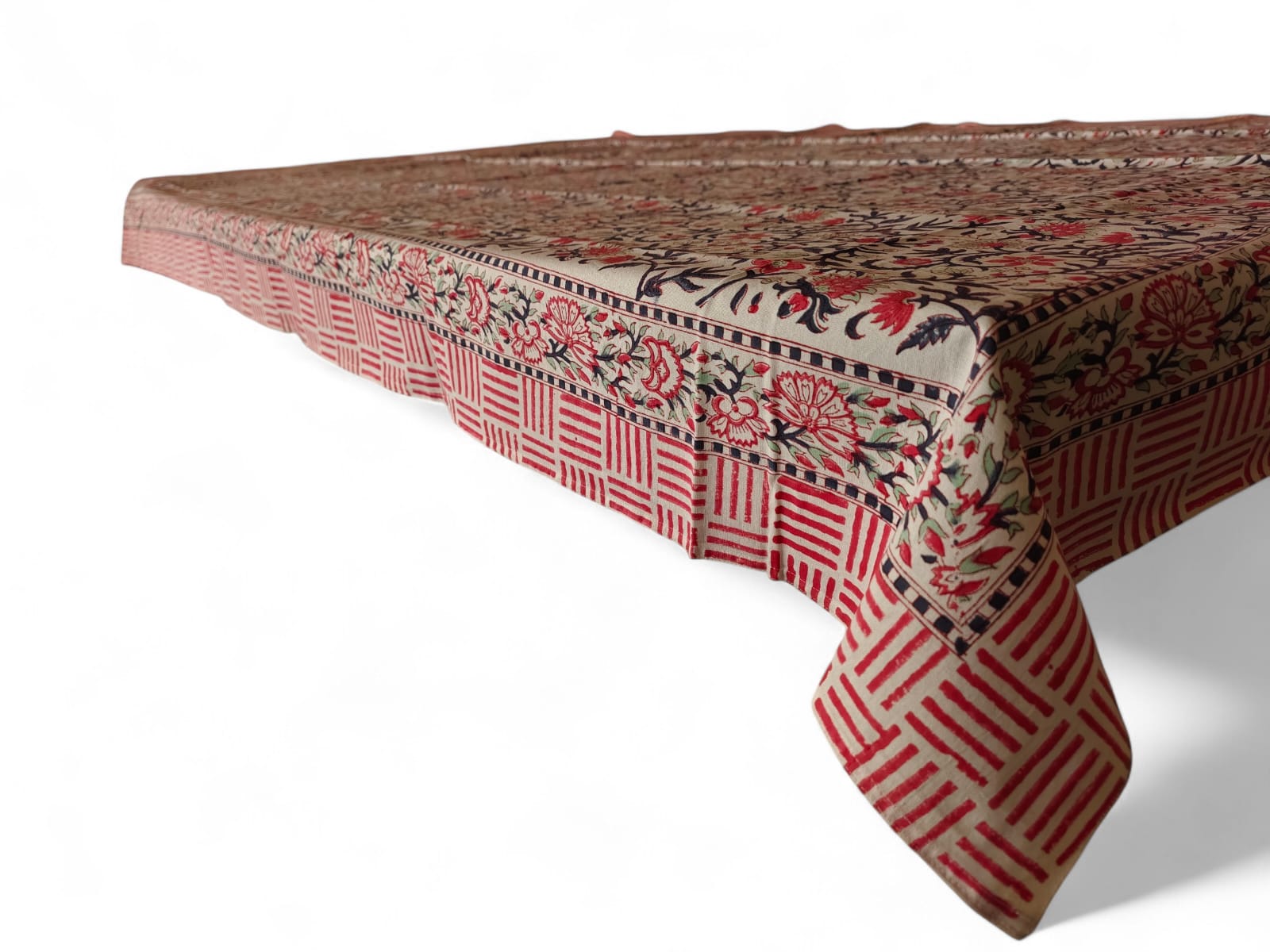 Mango Gifts Hand Block Printed 100% Rectangular Pure Cotton Tablecloth | Floral & Striped Design, Washable Dining Table Cover, 60x90 Inches