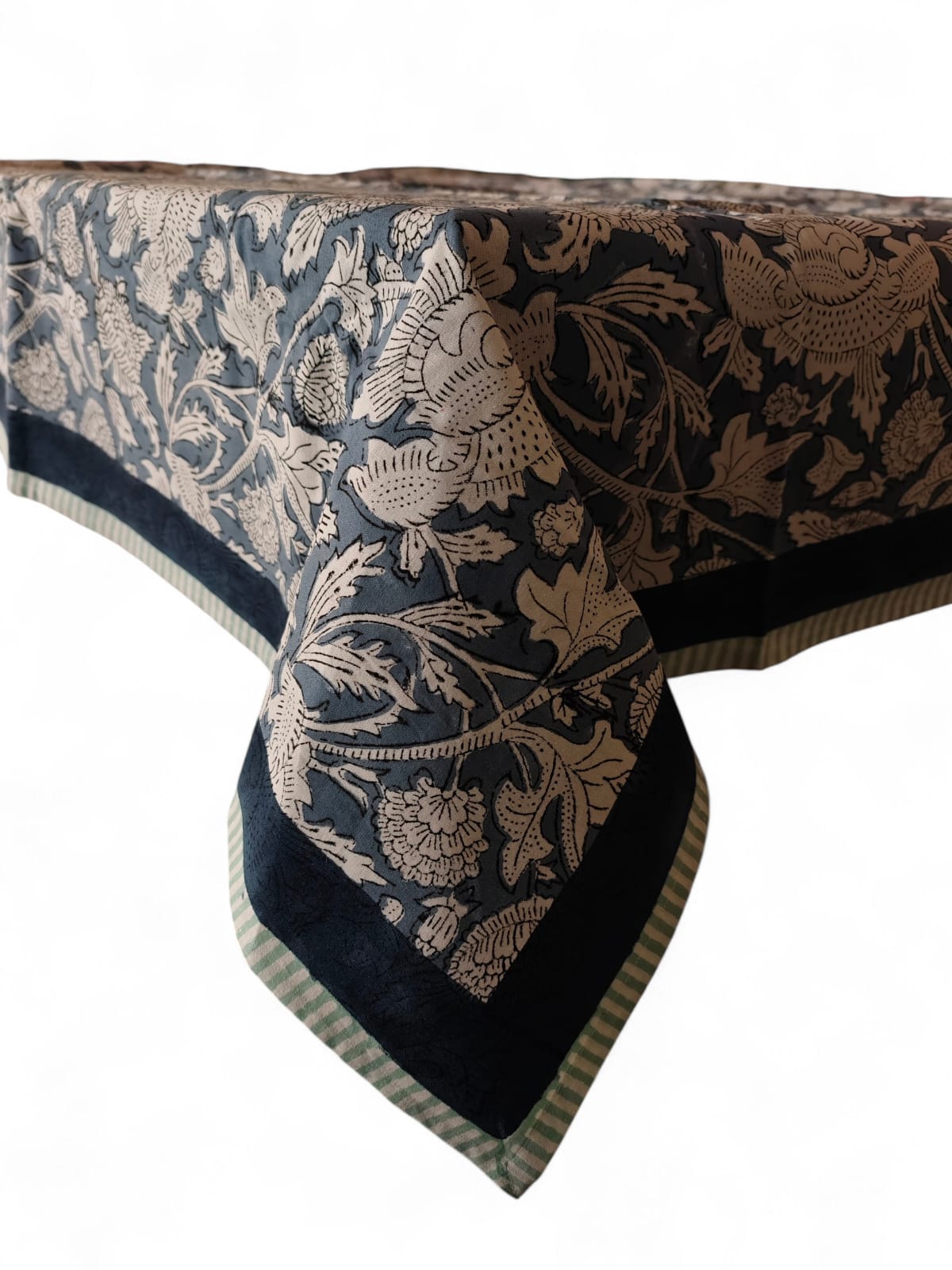 Mango Gifts Hand Block Printed 100% Rectangular Pure Cotton Tablecloth | Floral & Striped Design, Washable Dining Table Cover, 60x90 Inches