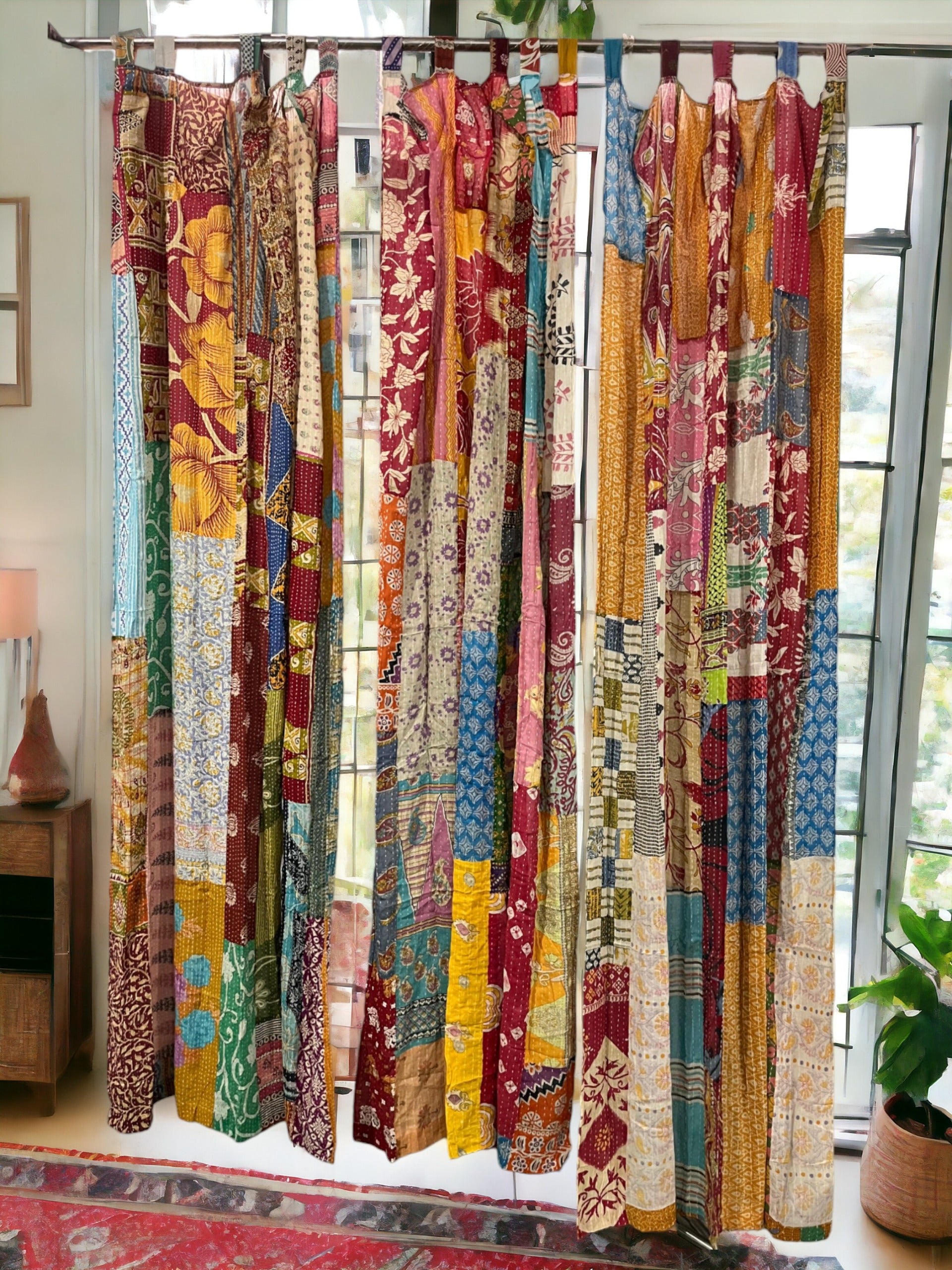 Upcycled Vintage Sari Curtain - Boho Kantha Drapes
