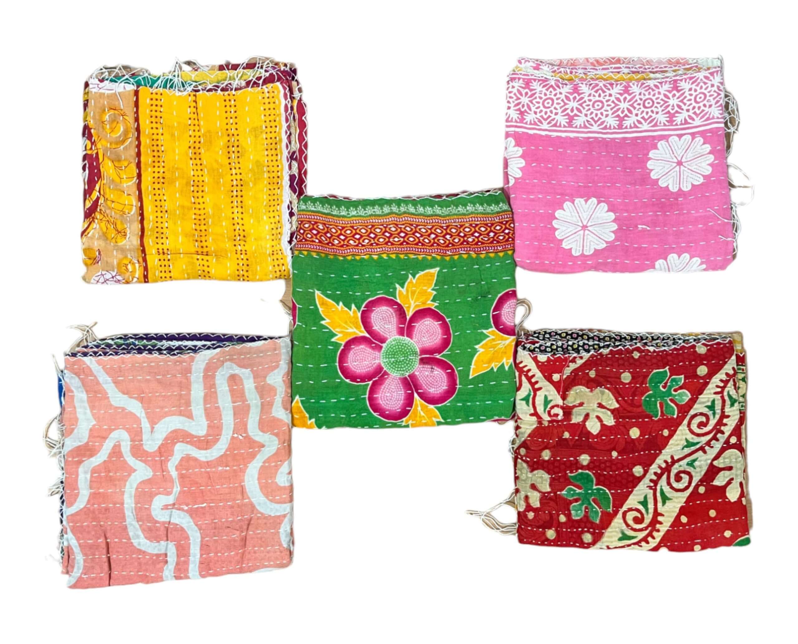 Colorful vintage Kantha scarves in various patterns, showcasing unique designs and vibrant colors, handmade from cotton.