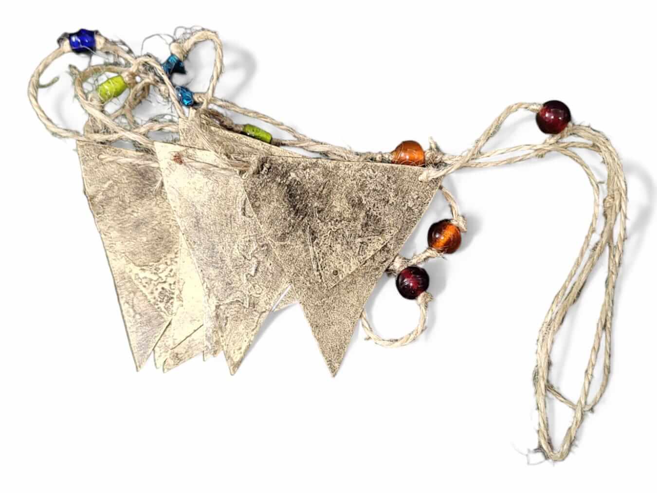 Recycled iron triangle bunting garland with glass beads on jute string, perfect for bohemian party décor.
