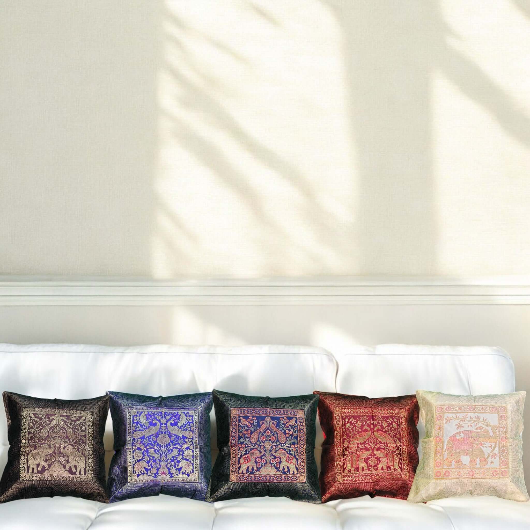 Elephant printed brocade cushion covers for bedroom décor